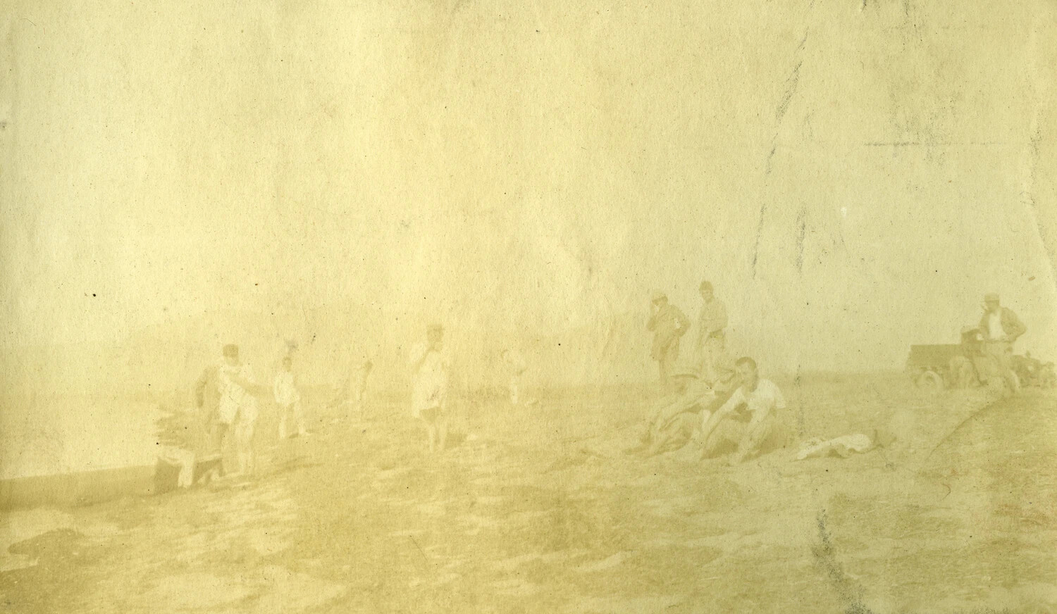 Group of Men on Open Ground, WWI French Pilot Album (Severely Faded Print)