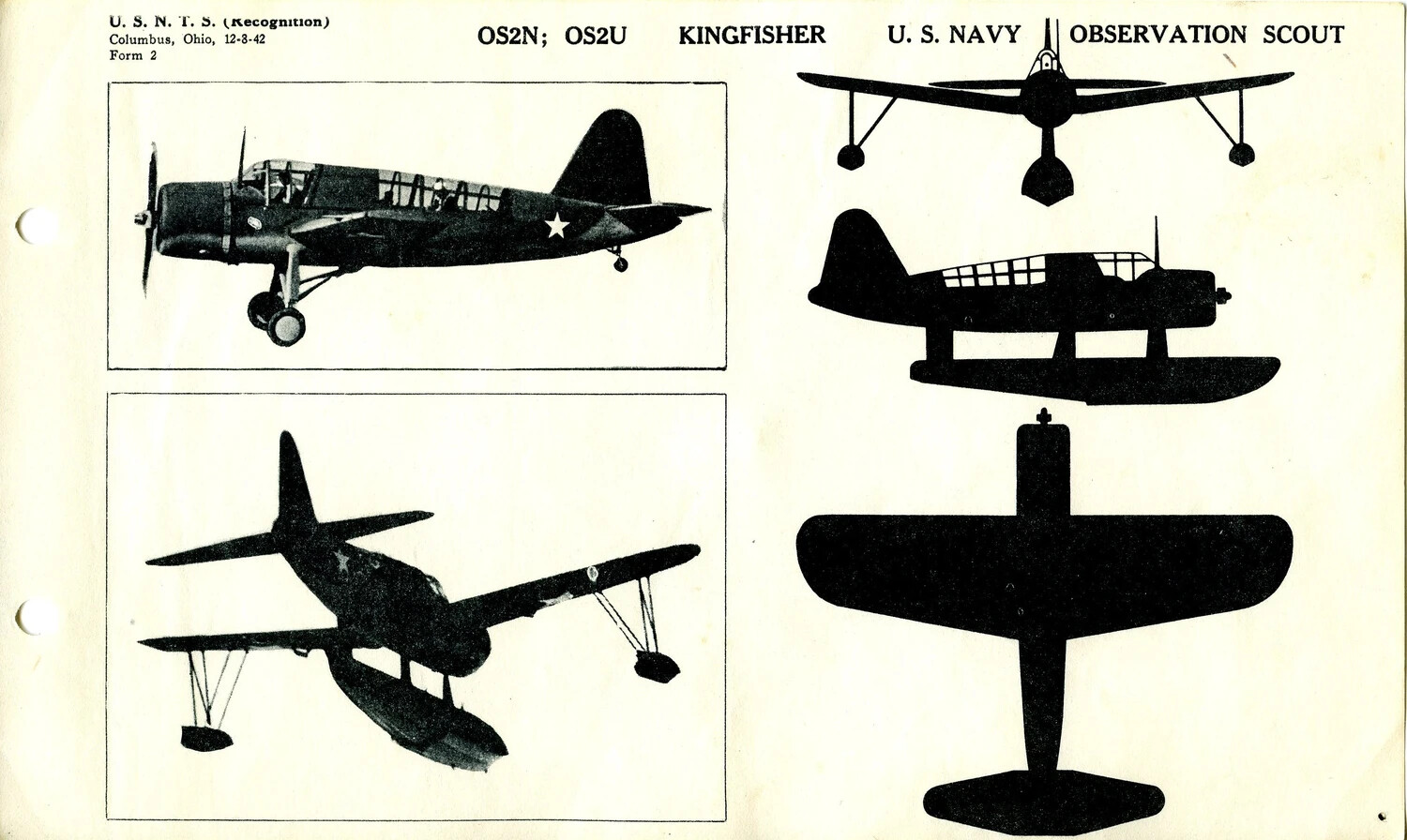 U.S.N.T.S. Aircraft Recognition Card: OS2N/OS2U Kingfisher Observation Scout (Form 2, Columbus, Ohio, 12-8-42)