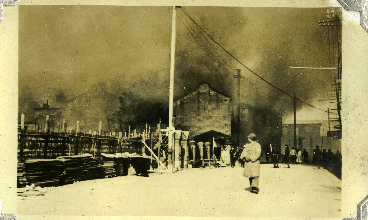 Urban Fire Aftermath with Onlookers, Asian City Street (Manila Photo Album), c. 1930s-1940s