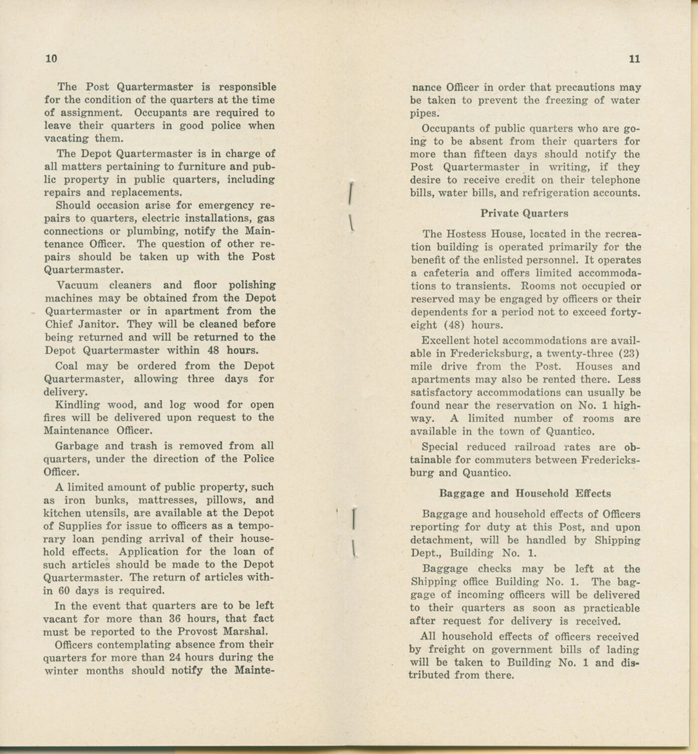 Quantico Post Guide Booklet, Pages 10-11: Quarters, Hostess House, and Baggage Handling