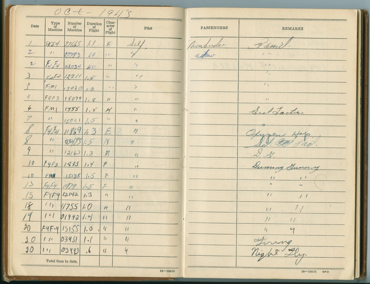 Naval Aviator's Flight Log Book, October 1943 -- F4F Wildcat / FM-1 / SNJ Training Flights (McAleer Log Book, 1942-1948)