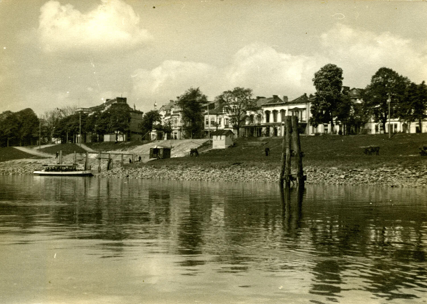 Riverside Villa District with Passenger Ferry, Weser River, Germany, WWII Era