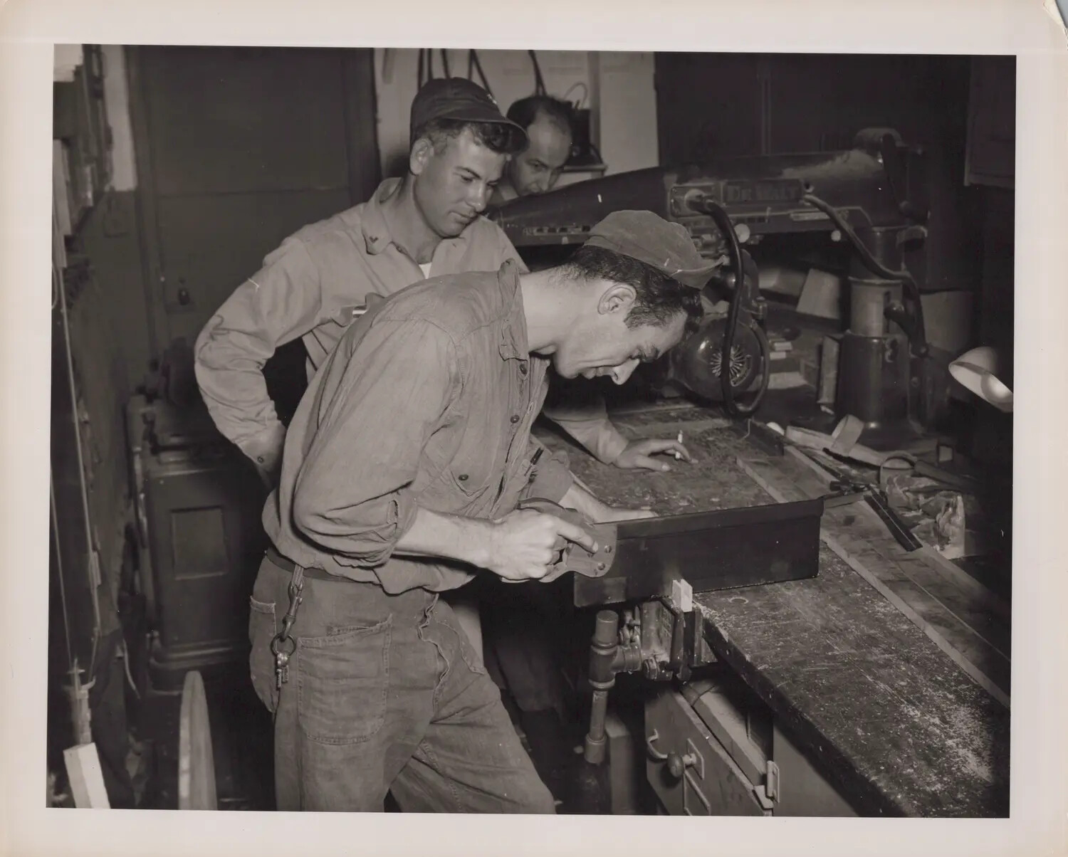 Ship's Carpenters at Work with Radial-Arm Saw, U.S. Navy Vessel, World War II