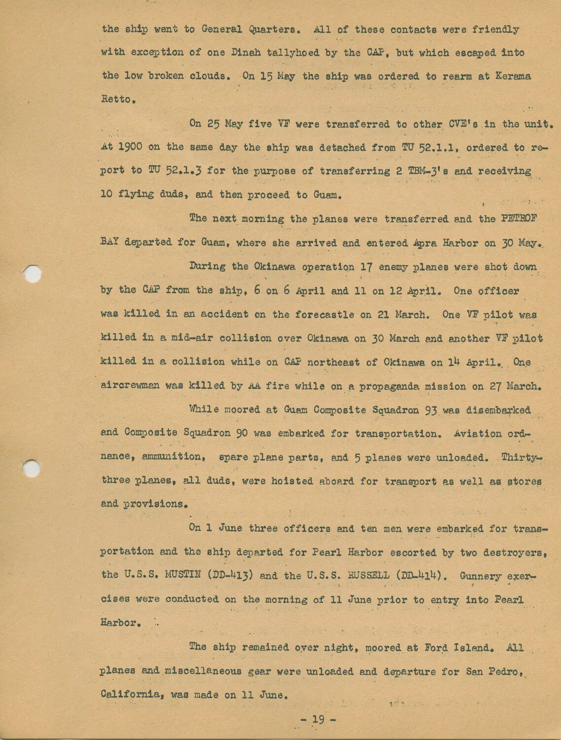 Typed Page 19 - USS Petrof Bay (CVE-80) Okinawa Campaign Combat Air Patrol Actions, Casualties, and Transit to Guam and Pearl Harbor, 1945