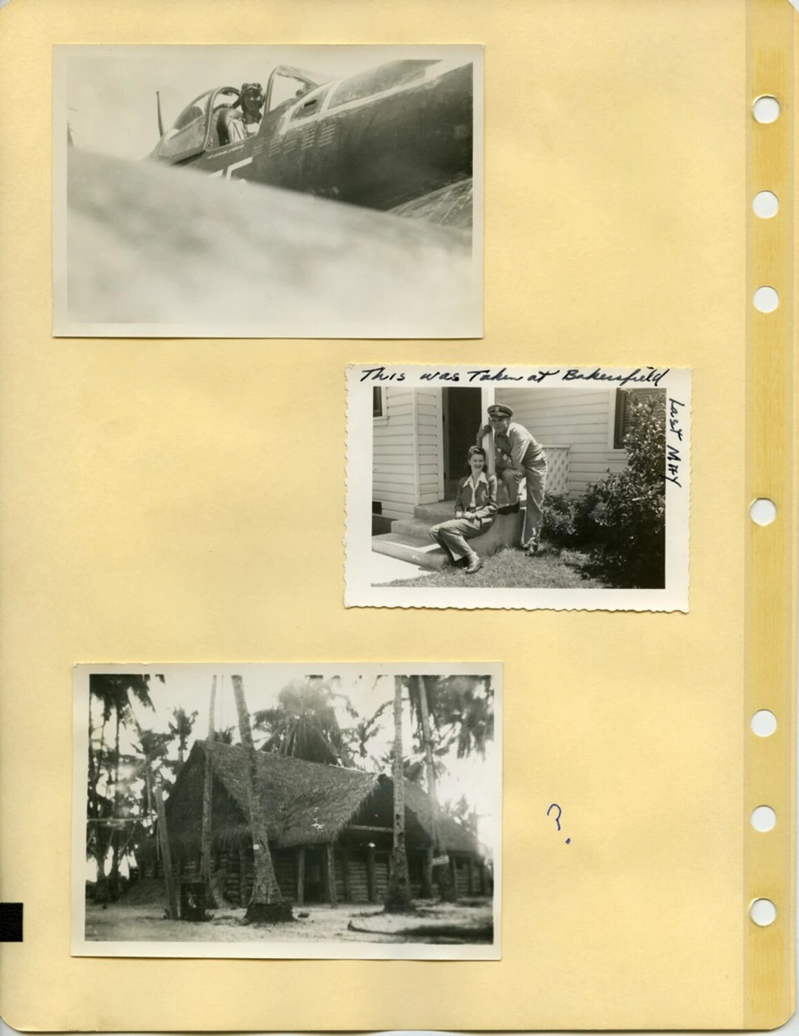McAleer Family Photo Album Page: Cockpit Portrait, Bakersfield Snapshot, and Pacific Thatched Hut