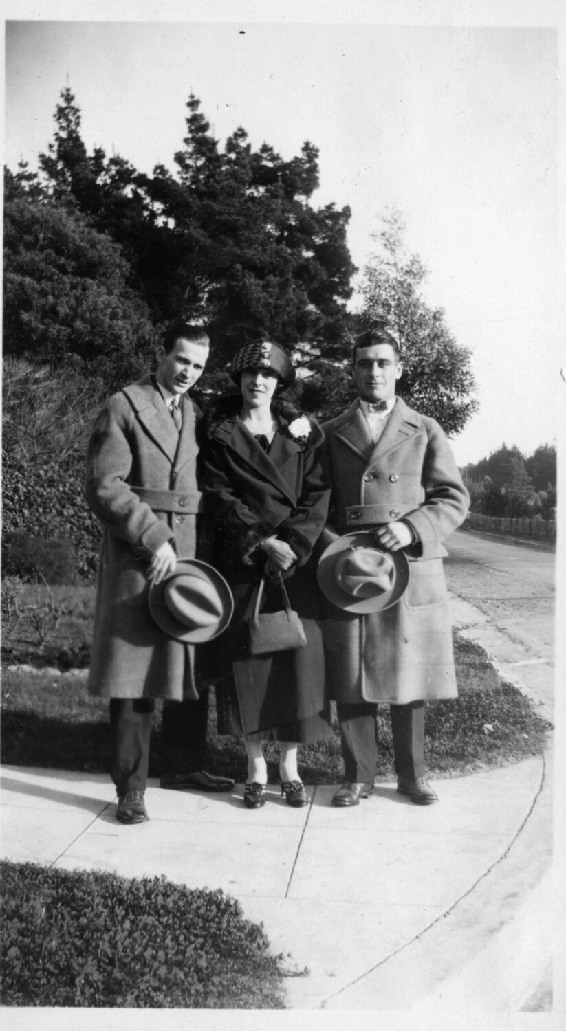 Three Young Adults on a Residential Sidewalk, Presidio of San Francisco Photo Album, c. 1928-1932