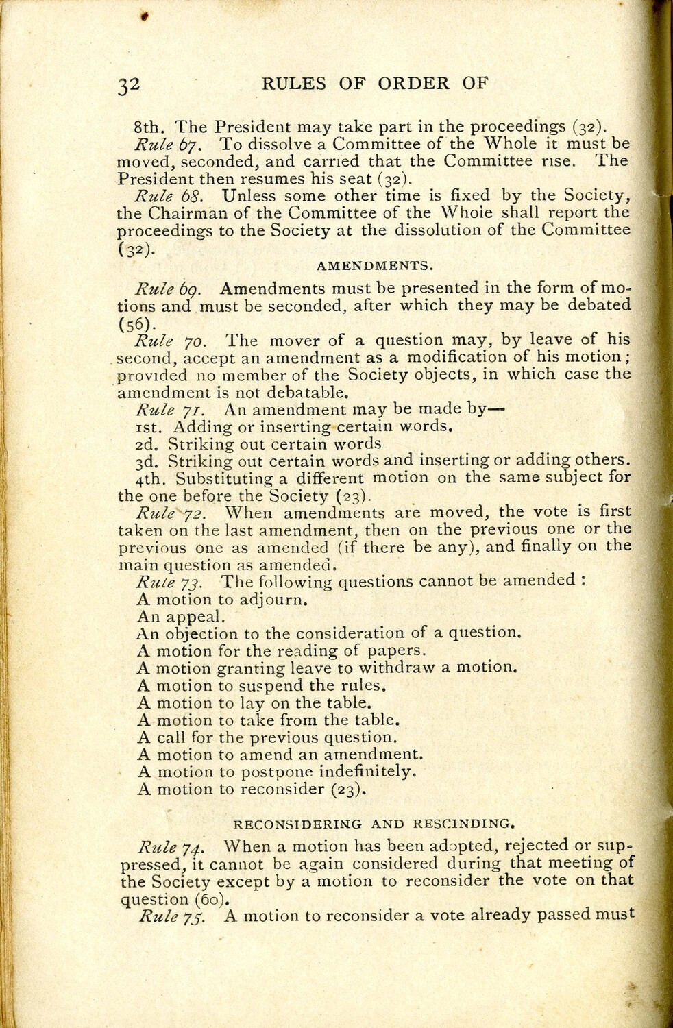 Page 32, "Rules of Order" Literary Society Rule Book — Rules 67-75 (Amendments, Reconsidering and Rescinding)