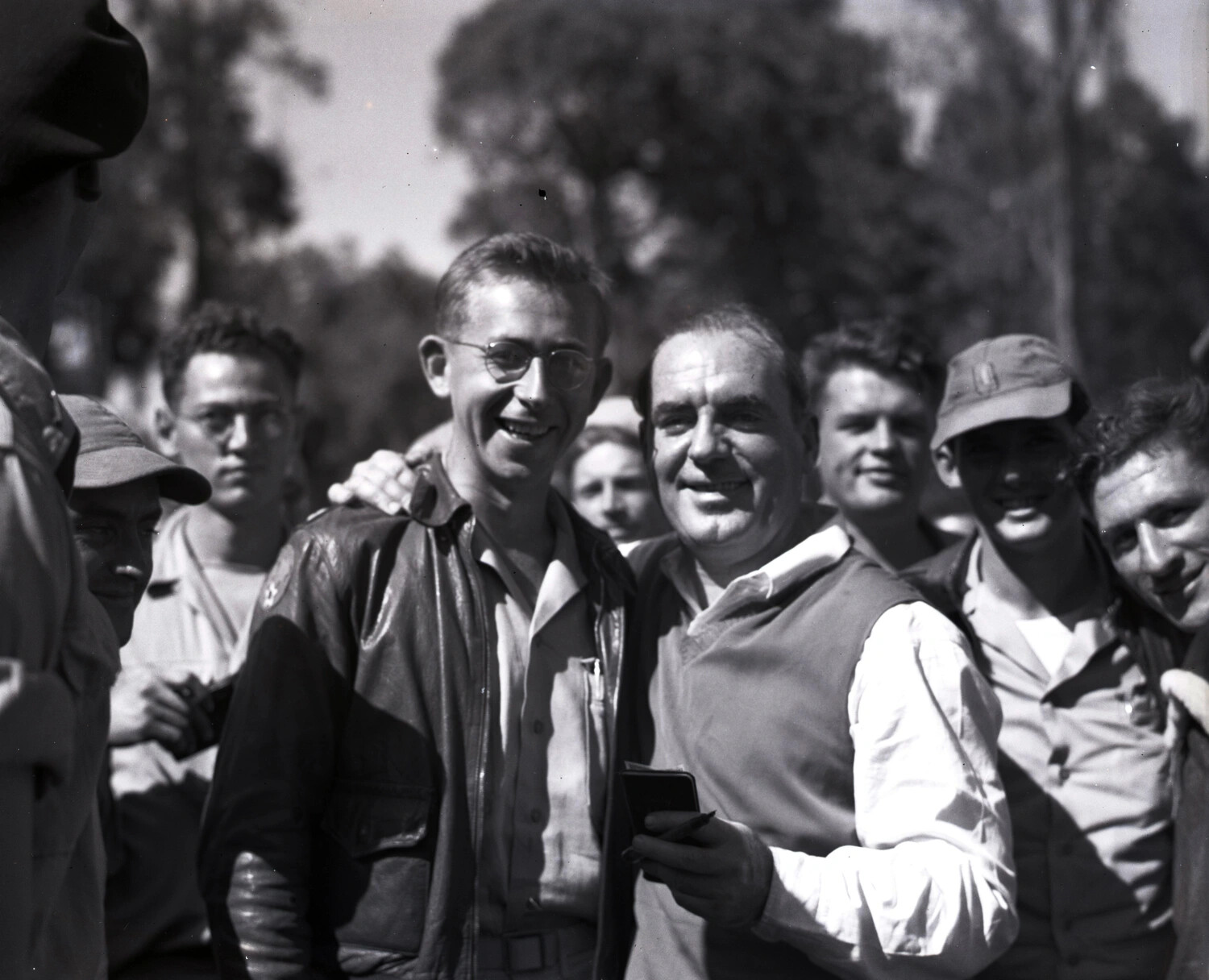 Group Portrait of American Servicemen with Man in Leather Flight Jacket, CBI Theater (Burowan), WWII
