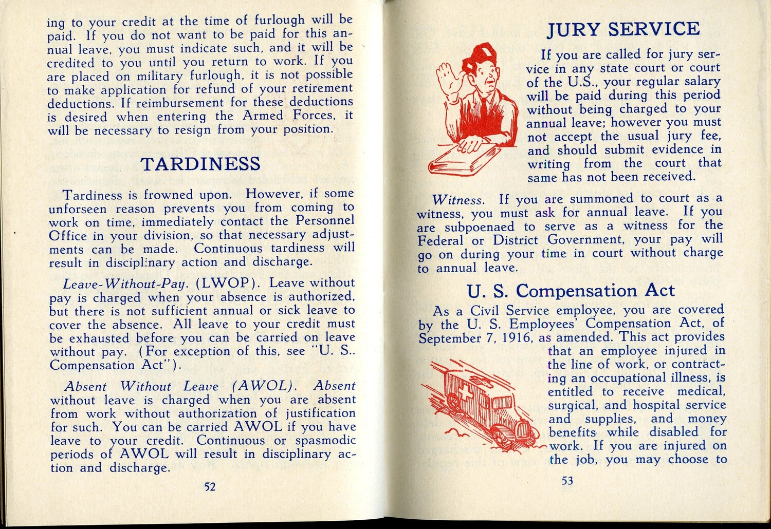 McClellan Field Civilian Personnel Guide Booklet, Pages 52-53: Tardiness, Jury Service, and U.S. Compensation Act