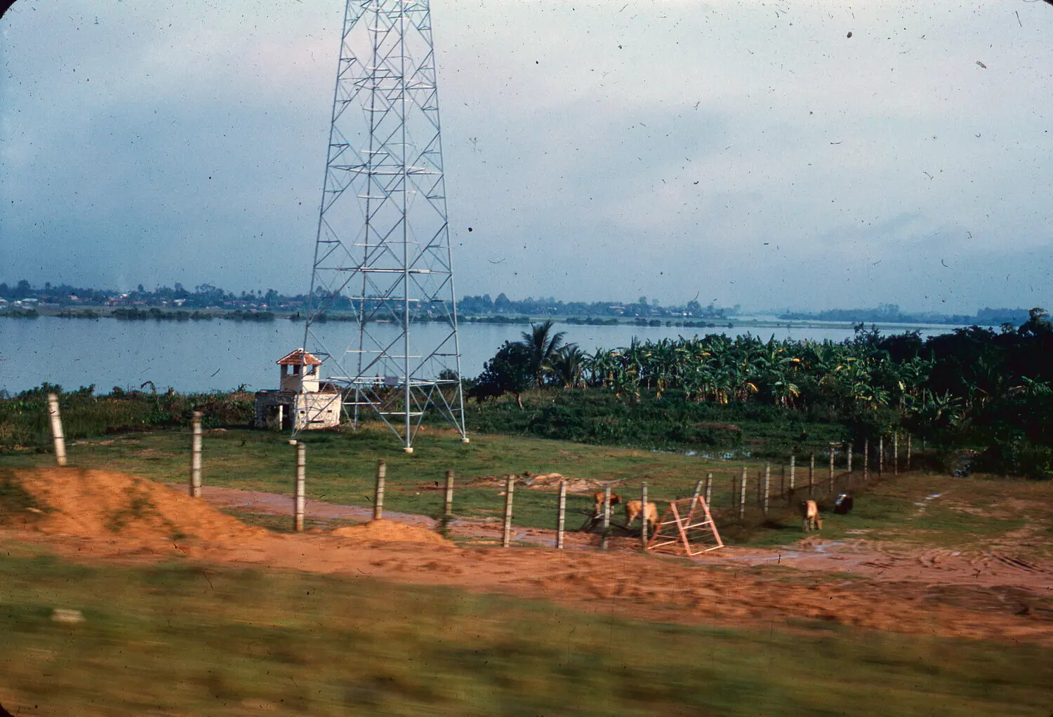 Rural Vietnamese Landscape with Transmission Tower and Riverside Fields, circa 1965