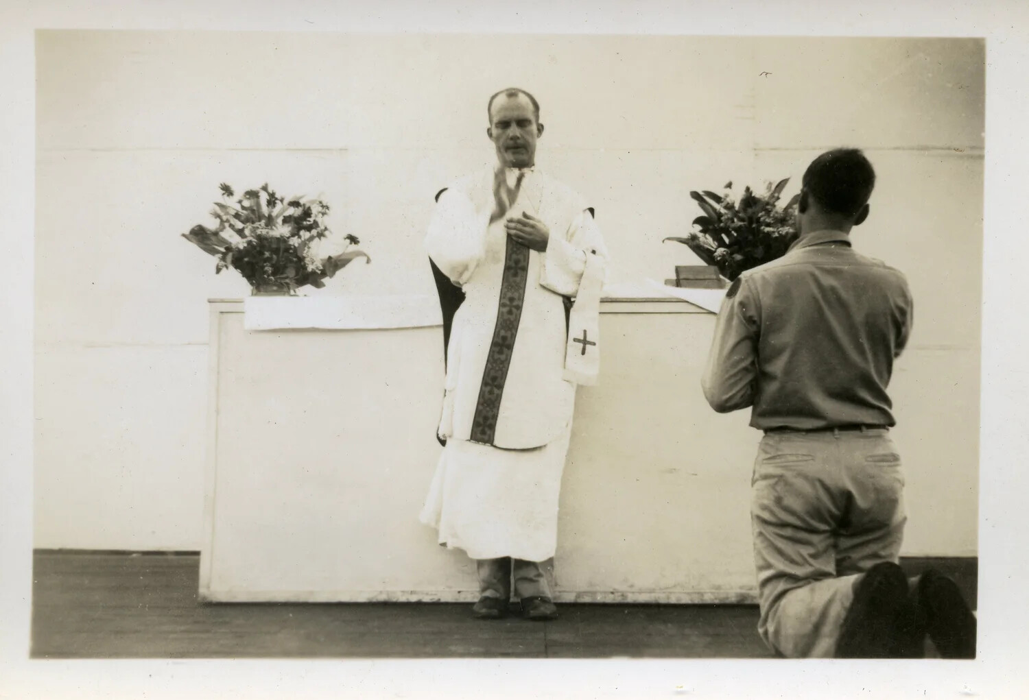 Military Chaplain Celebrating Mass Aboard Ship or at Field Installation, World War II Era