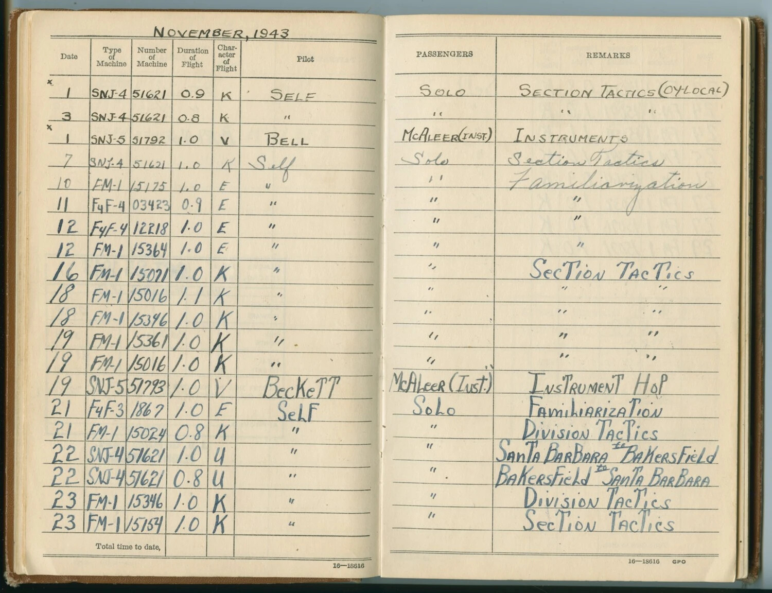 McAleer Flight Logbook, November 1943 — Wildcat and Texan Training Flights