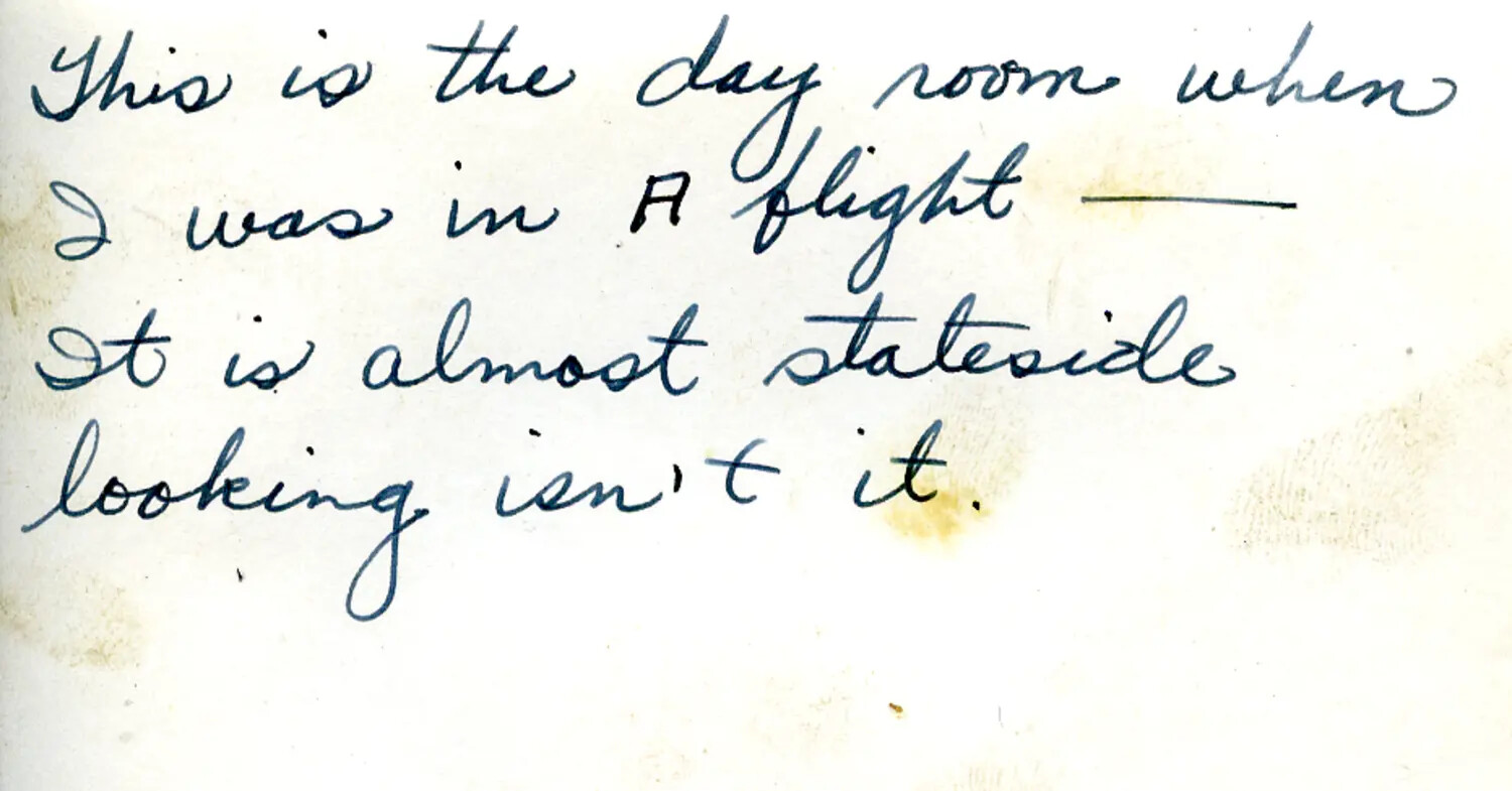Handwritten Album Caption: 'A Flight' Day Room, CBI Theater, WWII