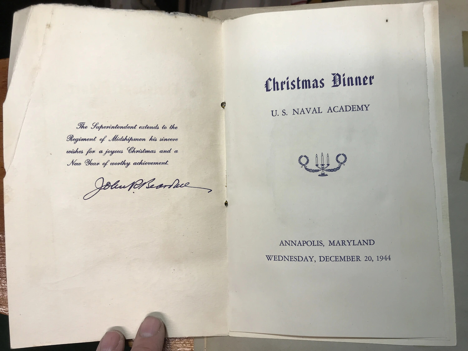 U.S. Naval Academy Christmas Dinner Program, Annapolis, Maryland, December 20, 1944
