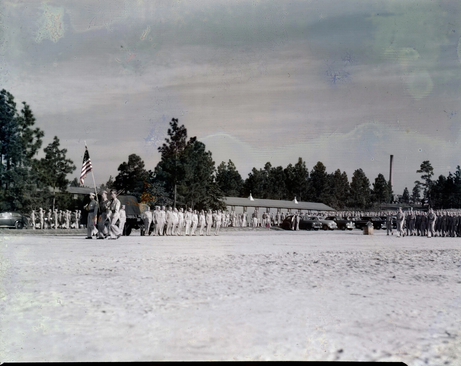 Military Parade Formation with Color Guard, WWII-Era US Army Training Base