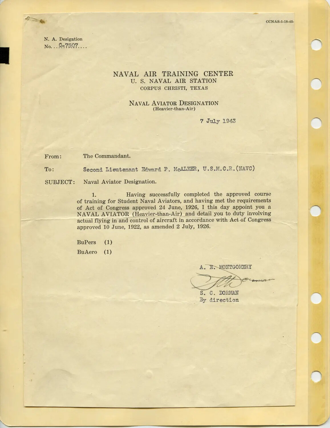 Naval Aviator Designation Letter for 2nd Lt. Edward P. McAleer, Naval Air Training Center, Corpus Christi, Texas, 7 July 1943