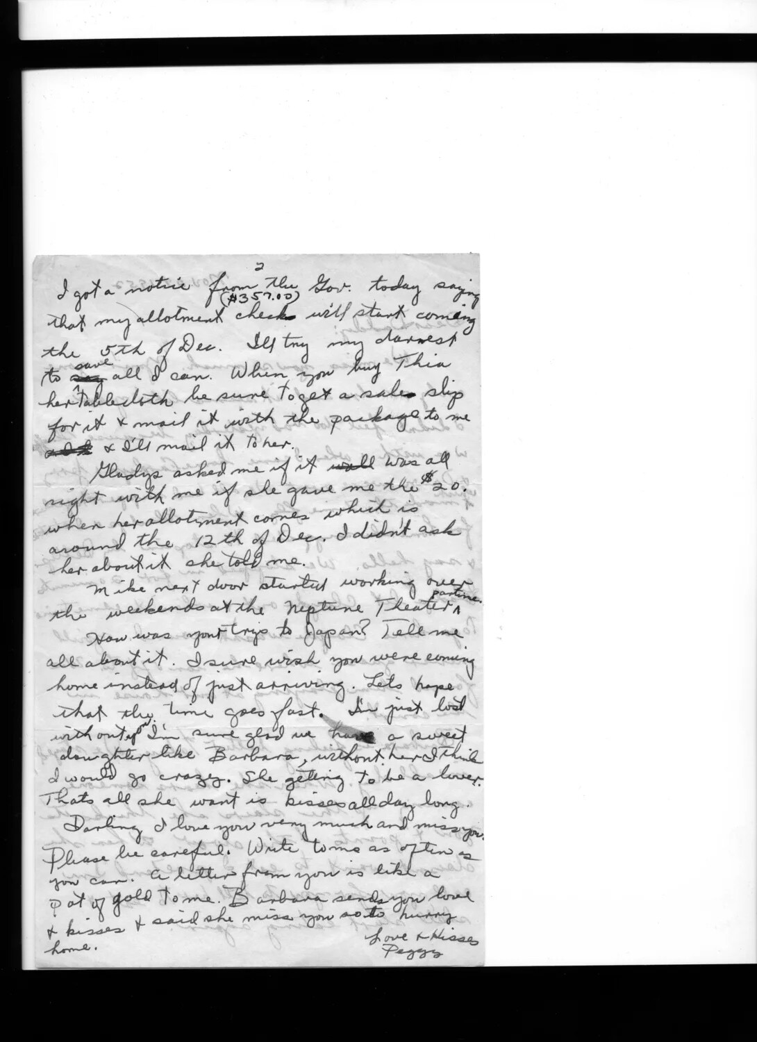 Handwritten Letter from Peggy to Husband, Page 2 - Korean War Era Correspondence (Bancroft Collection)
