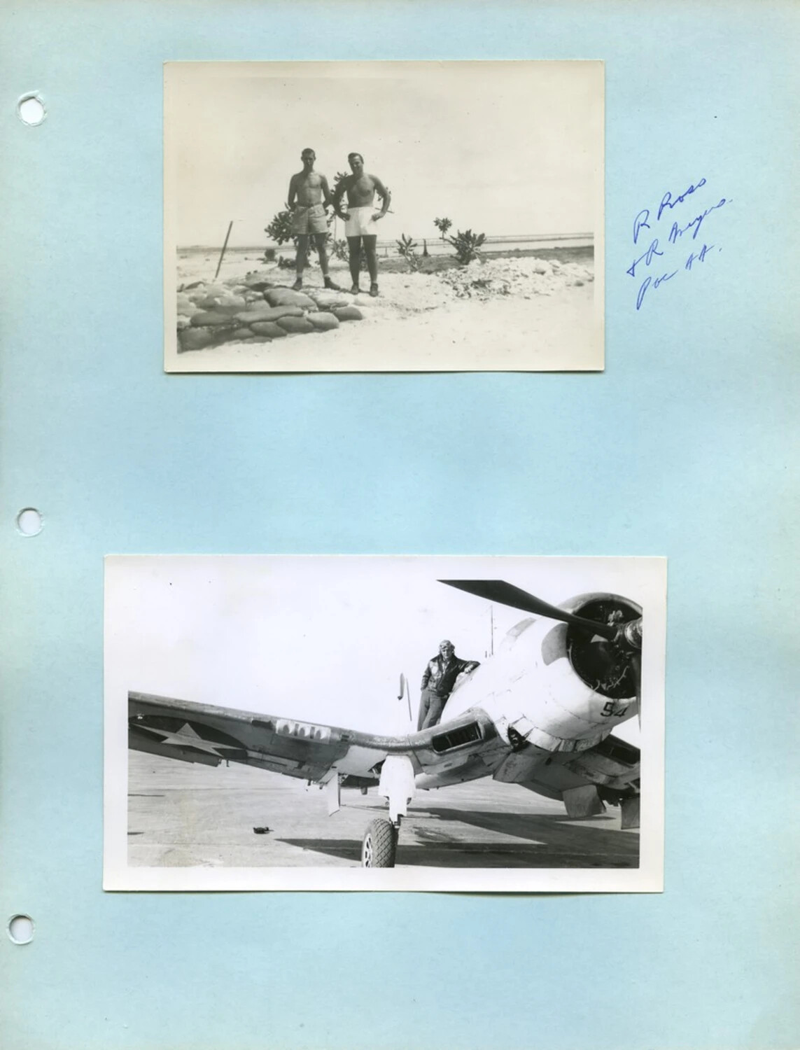 Album Page: Sandbag Revetment Portrait and Navy Aviator with Single-Engine Aircraft, McAleer Collection, WWII Pacific