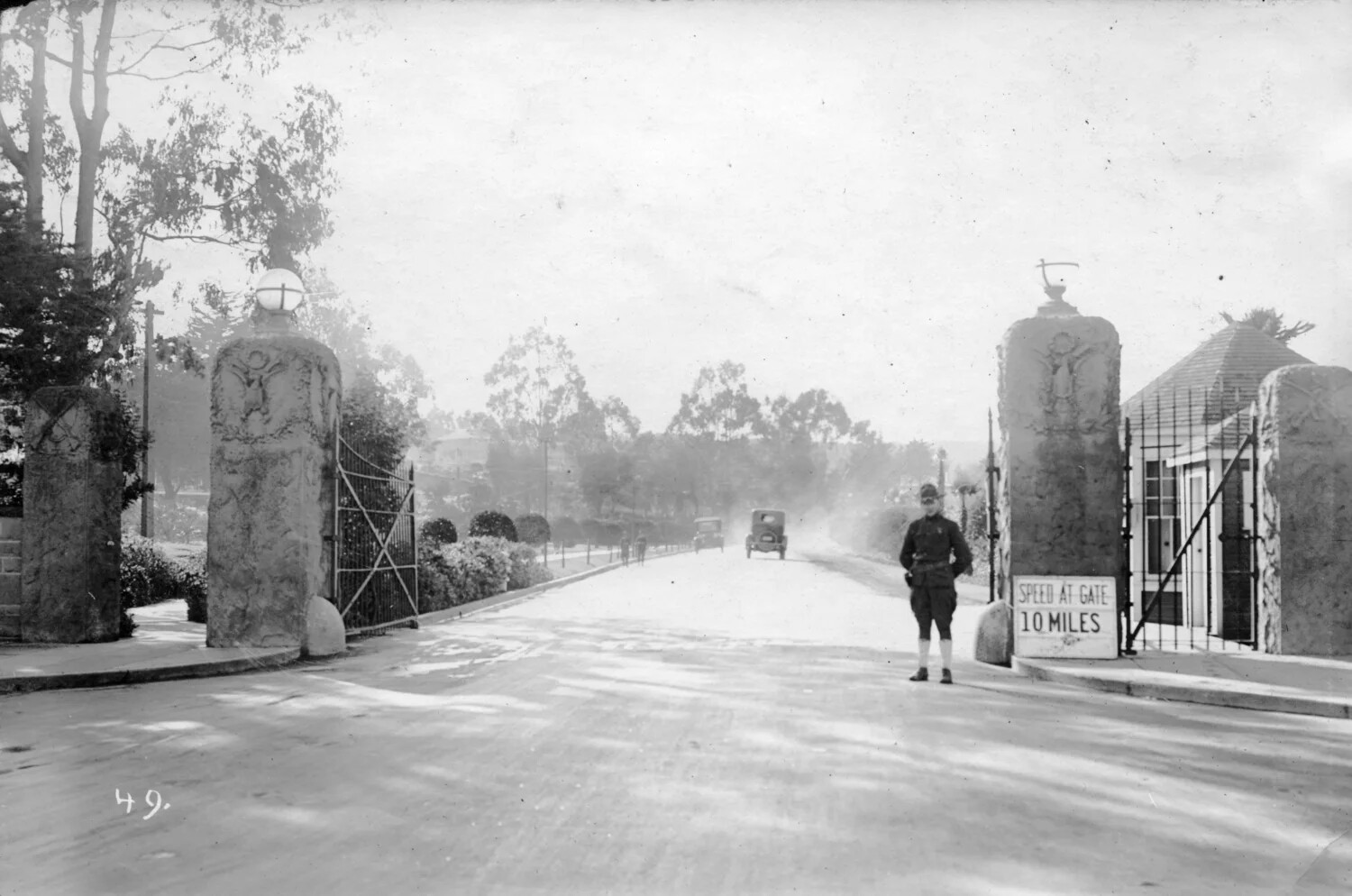Main Entrance Gate, Presidio of San Francisco, with Sentry on Duty, c. 1910s-1920s
