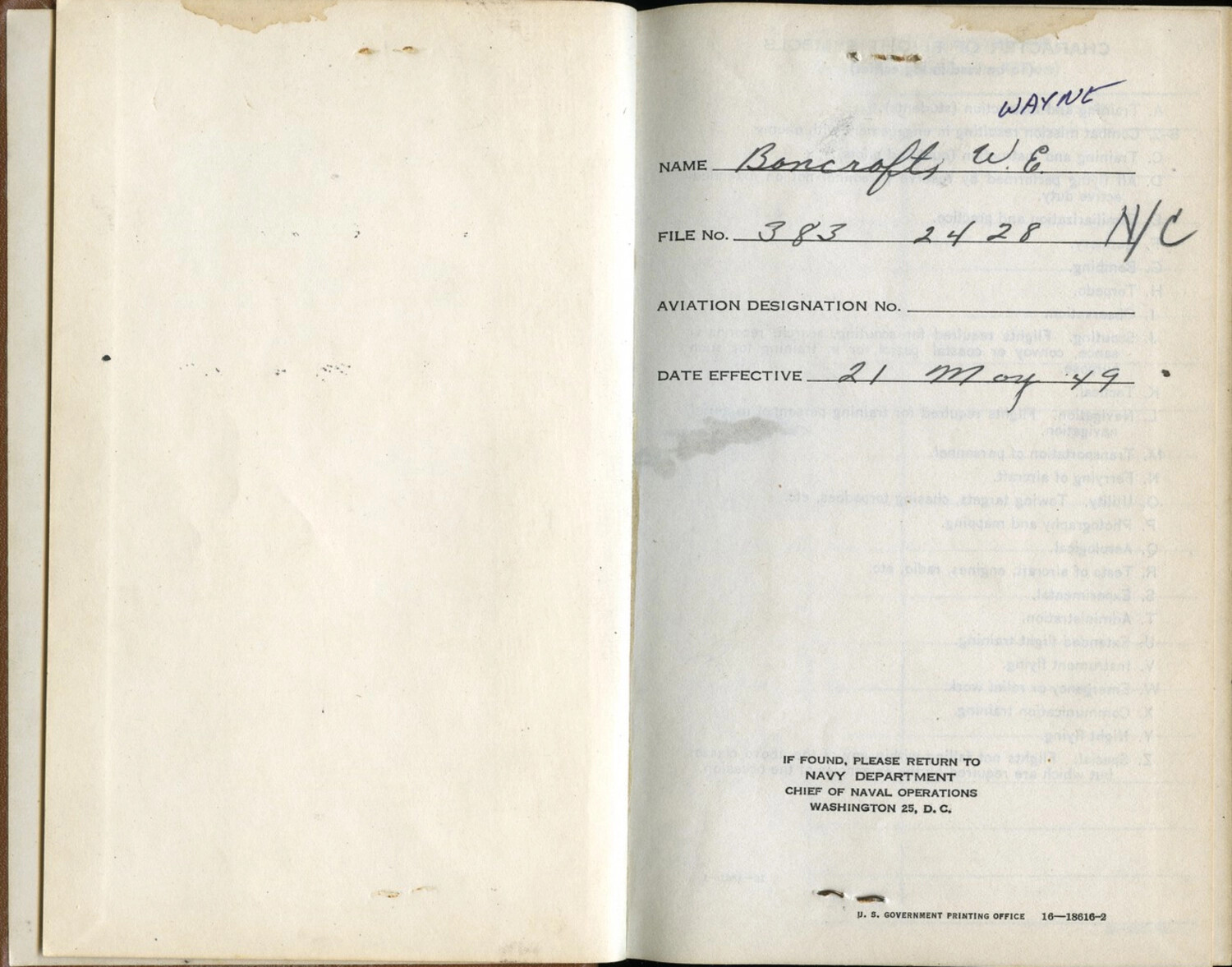 U.S. Navy Flight Logbook Identification Page — Lt. W.E. 'Wayne' Bancroft, Effective 21 May 1949