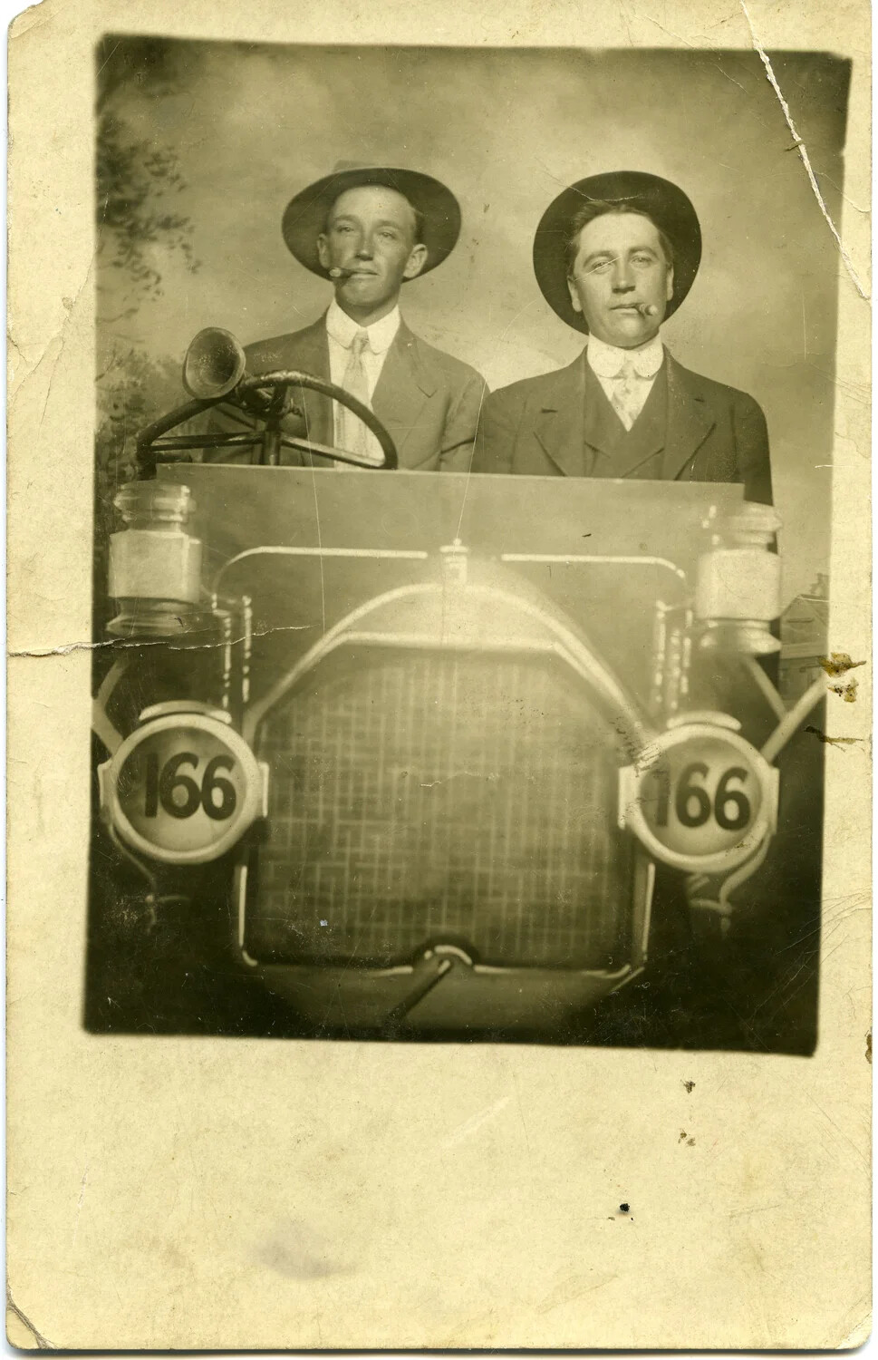 Novelty Automobile Studio Photograph, Two Young Men, WWI Era — Wagener Collection