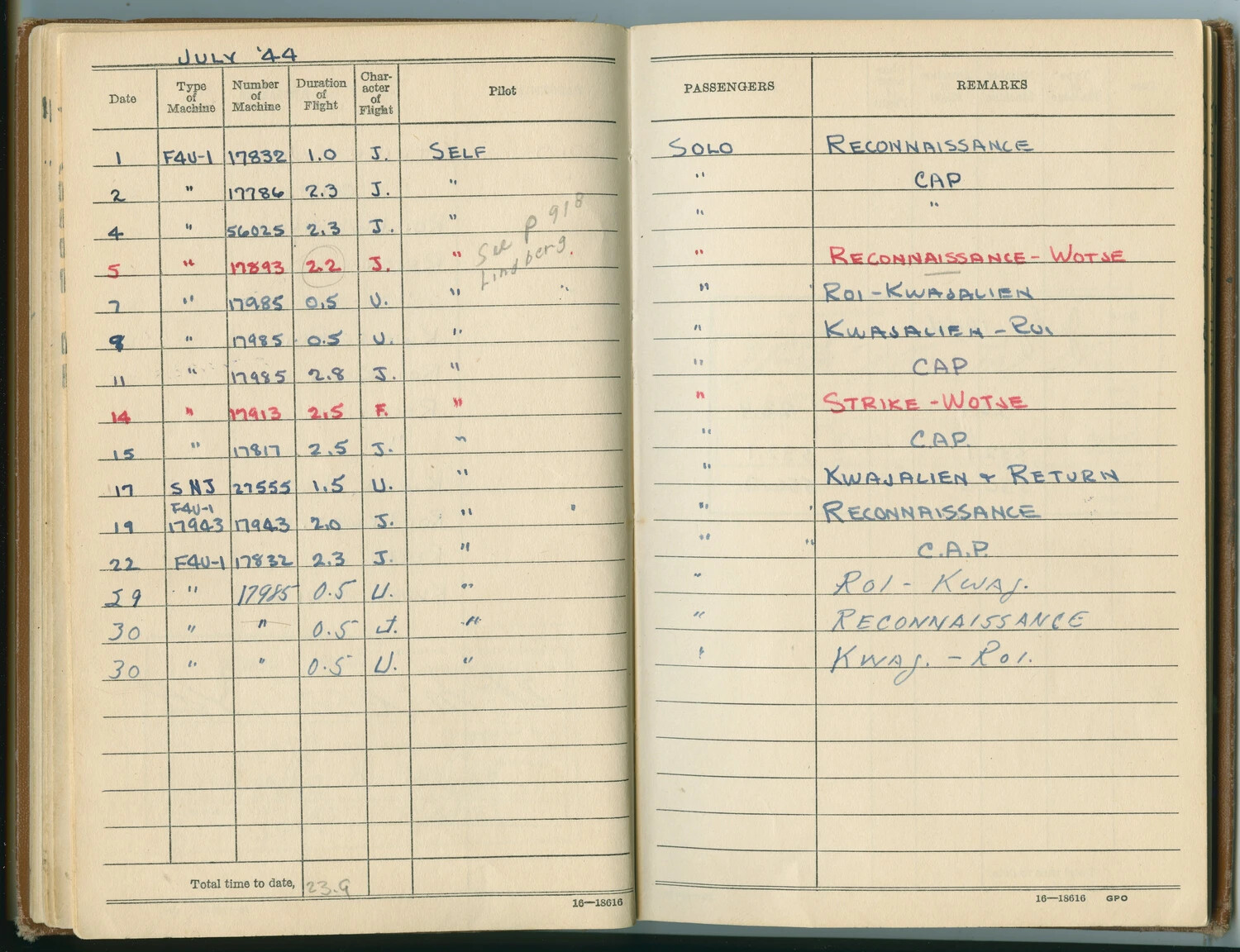 Aviator's Flight Log Book, July 1944 — F4U-1 Corsair Strike and Combat Air Patrol Missions, Marshall Islands