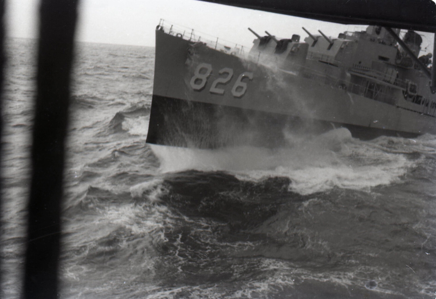 USS Agerholm (DD-826) Underway in Rough Seas, Bow Number Visible, 1953