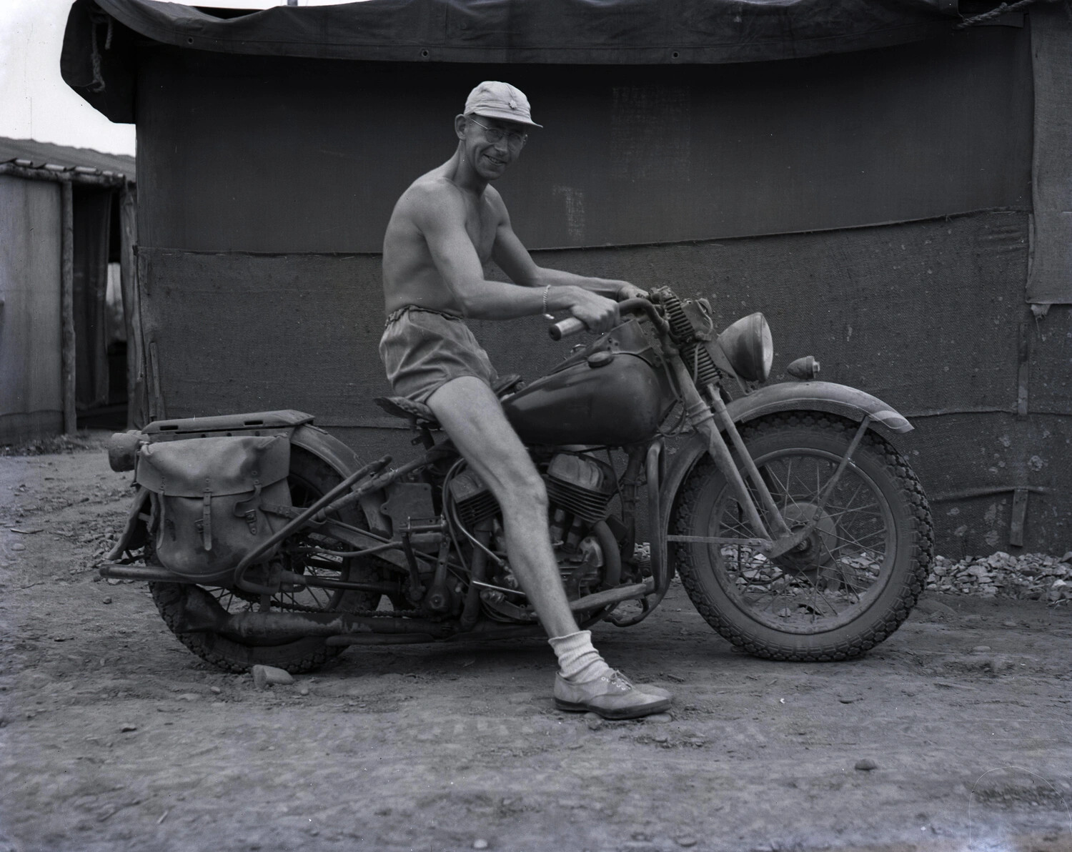 Serviceman Posing on a Harley-Davidson WLA Military Motorcycle, Myitkyina, Burma, World War II