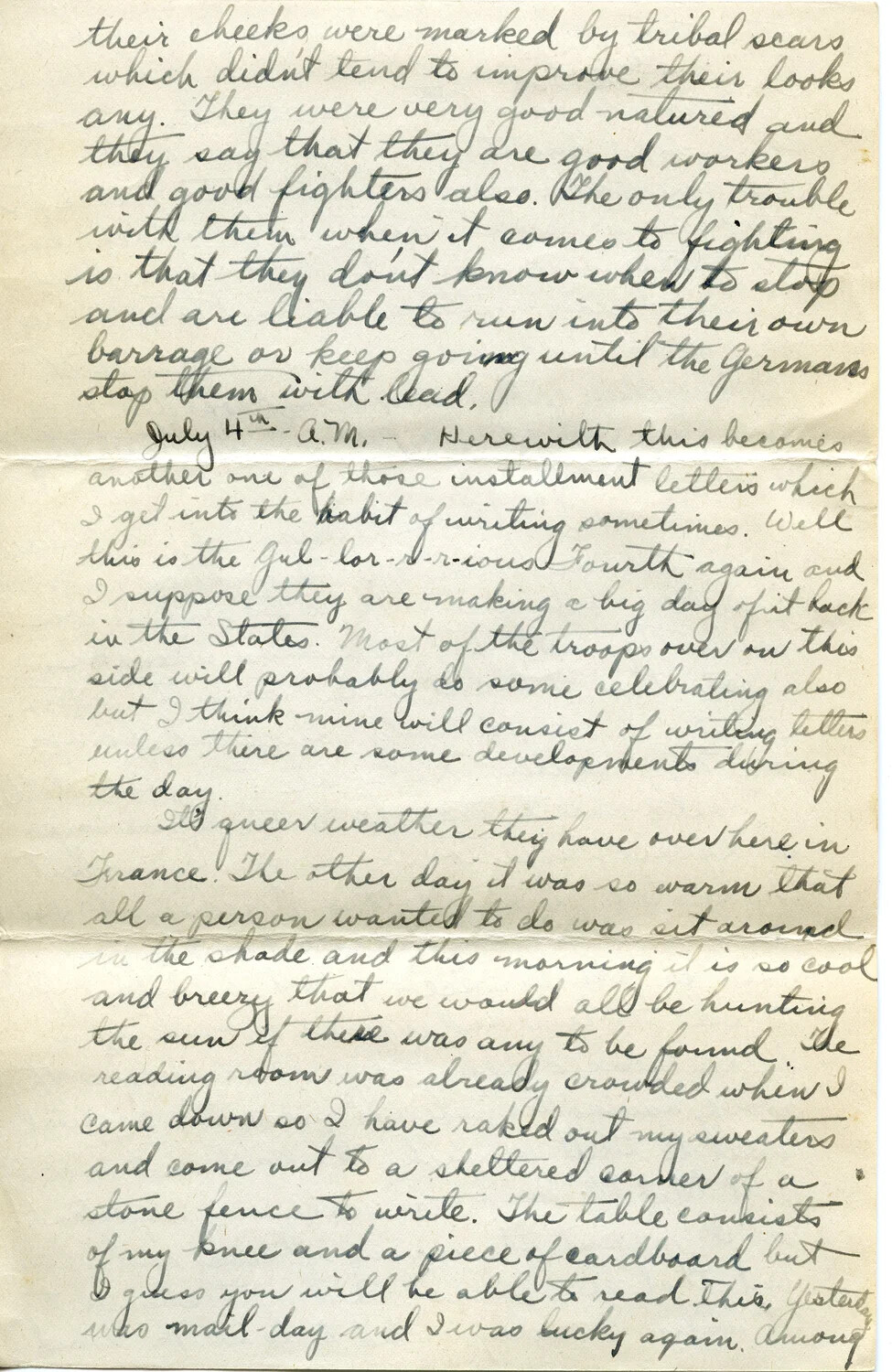 Handwritten WWI Letter Page from Pvt. Willis W. Wagener, Dated July 4th, France