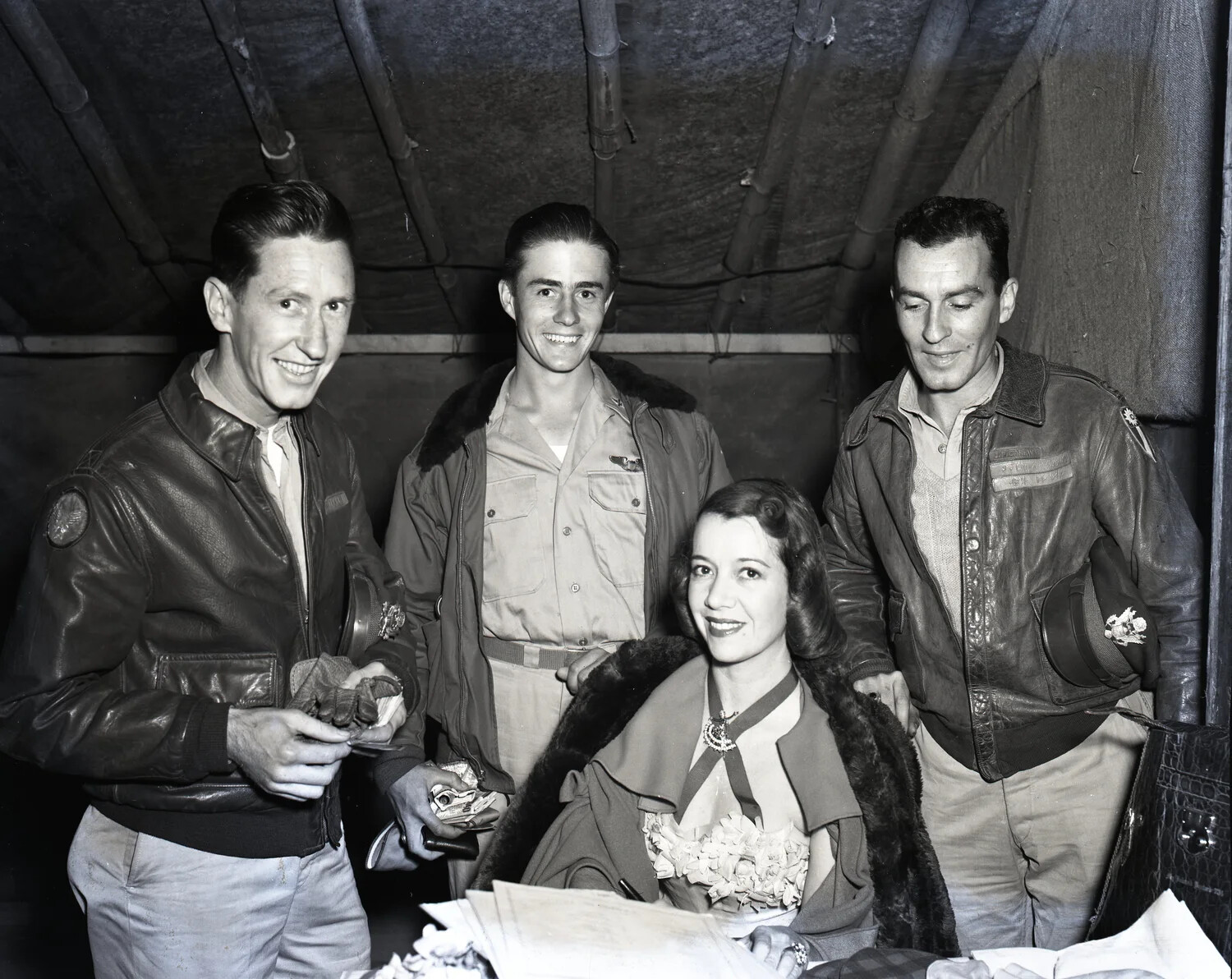 USAAF Aircrew with Visiting Entertainer, CBI Theater, Burma - WWII (Kotec Collection)