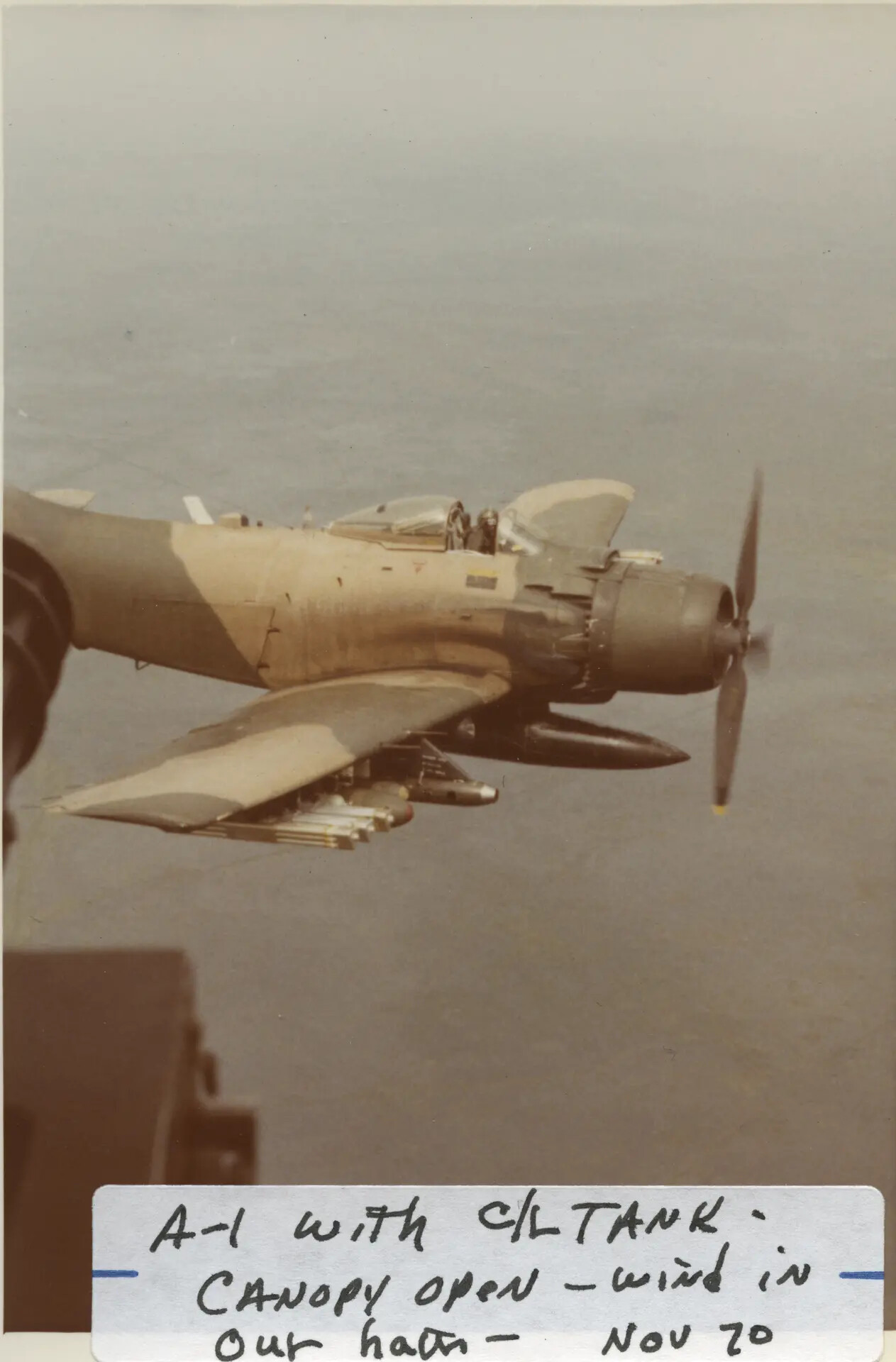 A-1 Skyraider in Flight with Open Canopy and Centerline Fuel Tank, November 1970