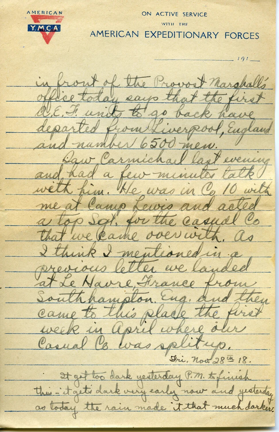 WWI American Y.M.C.A. A.E.F. Letterhead – Handwritten Letter Page, November 1918