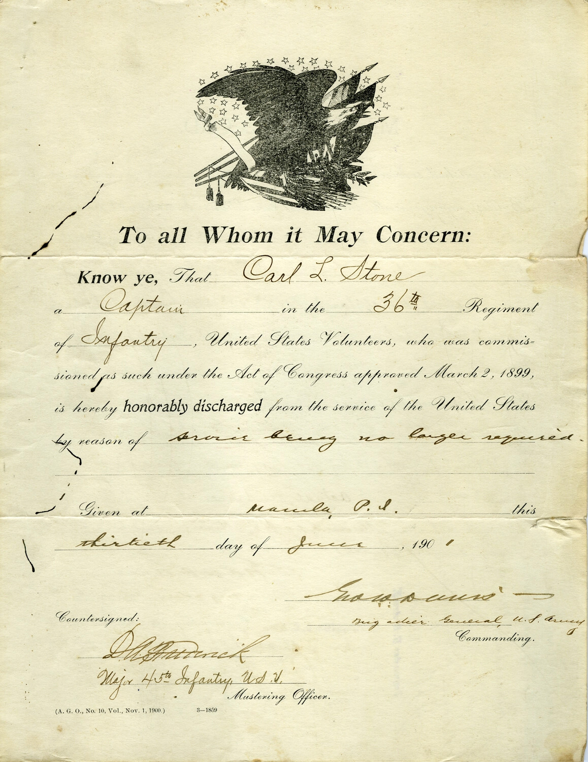 Honorable Discharge Certificate of Captain Carl L. Stone, 36th U.S. Volunteer Infantry, Manila, Philippine Islands, 1901