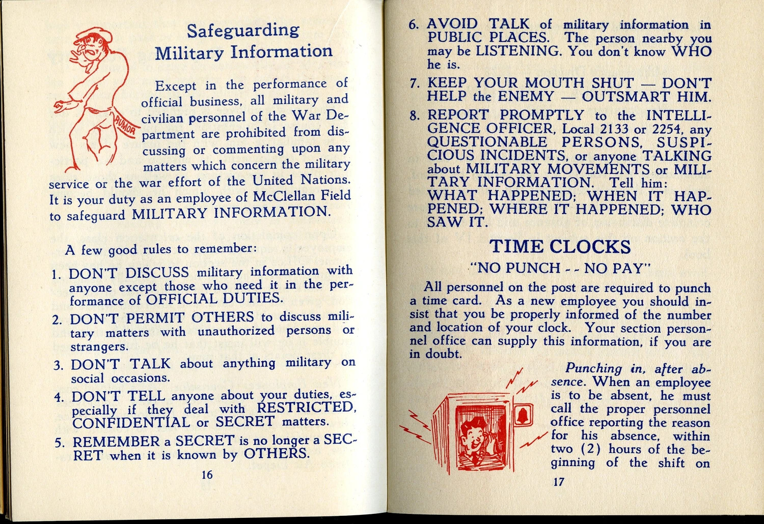 McClellan Field Employee Guide Booklet, Pages 16-17: "Safeguarding Military Information" and "Time Clocks"