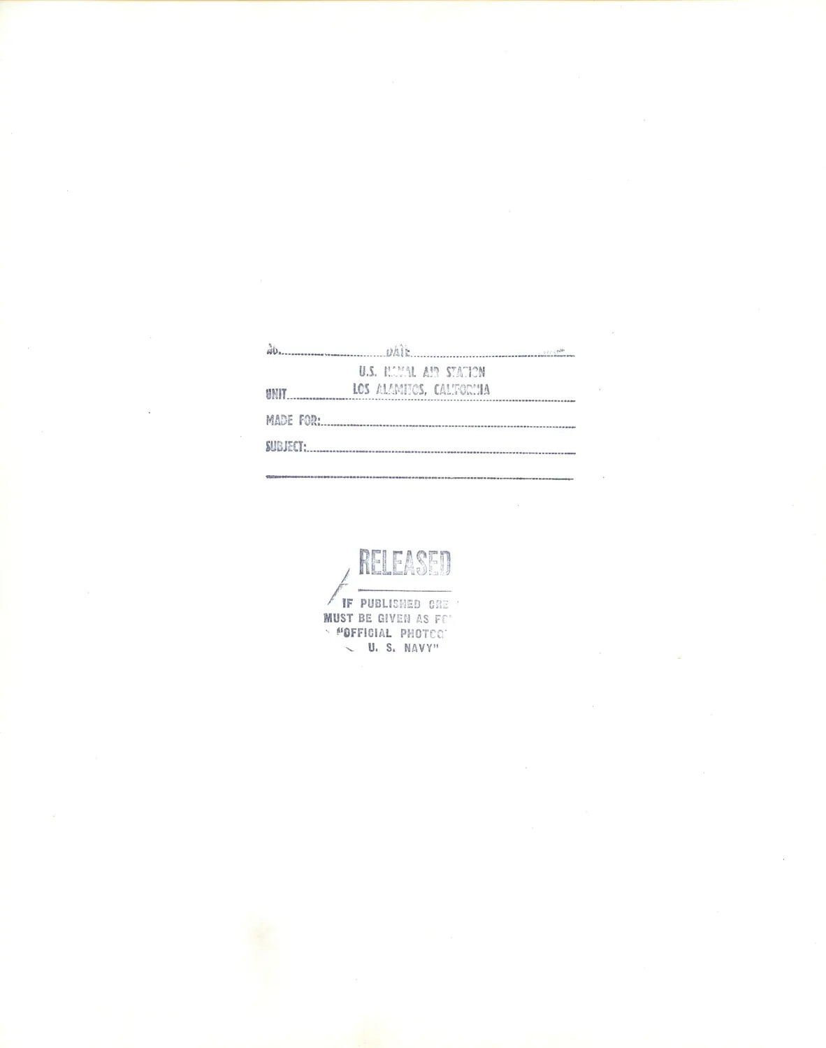 Verso/Release Stamp for Naval Air Station Los Alamitos Helicopter Photograph