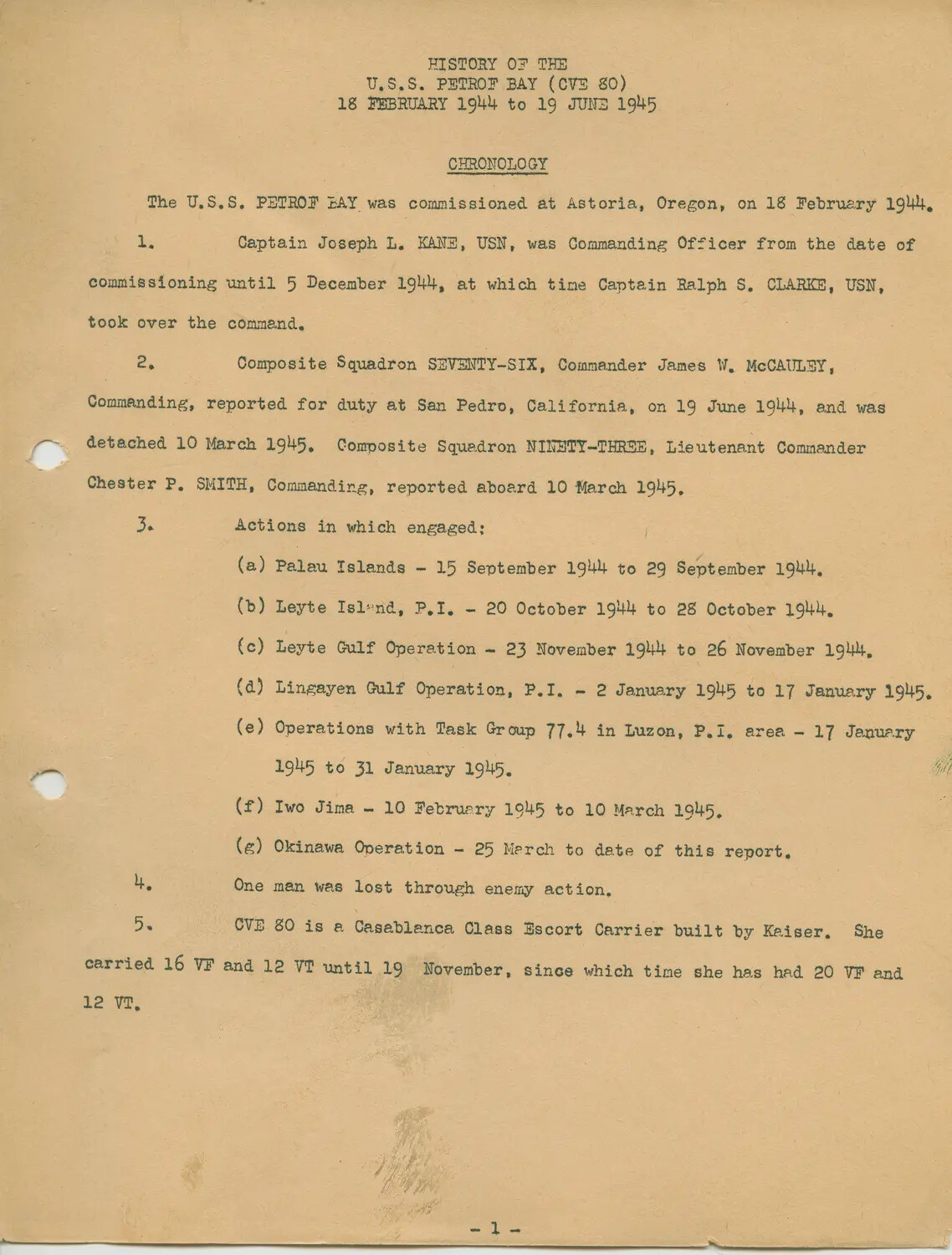 Typed Document: "History of the U.S.S. Petrof Bay (CVE 80), 18 February 1944 to 19 June 1945"