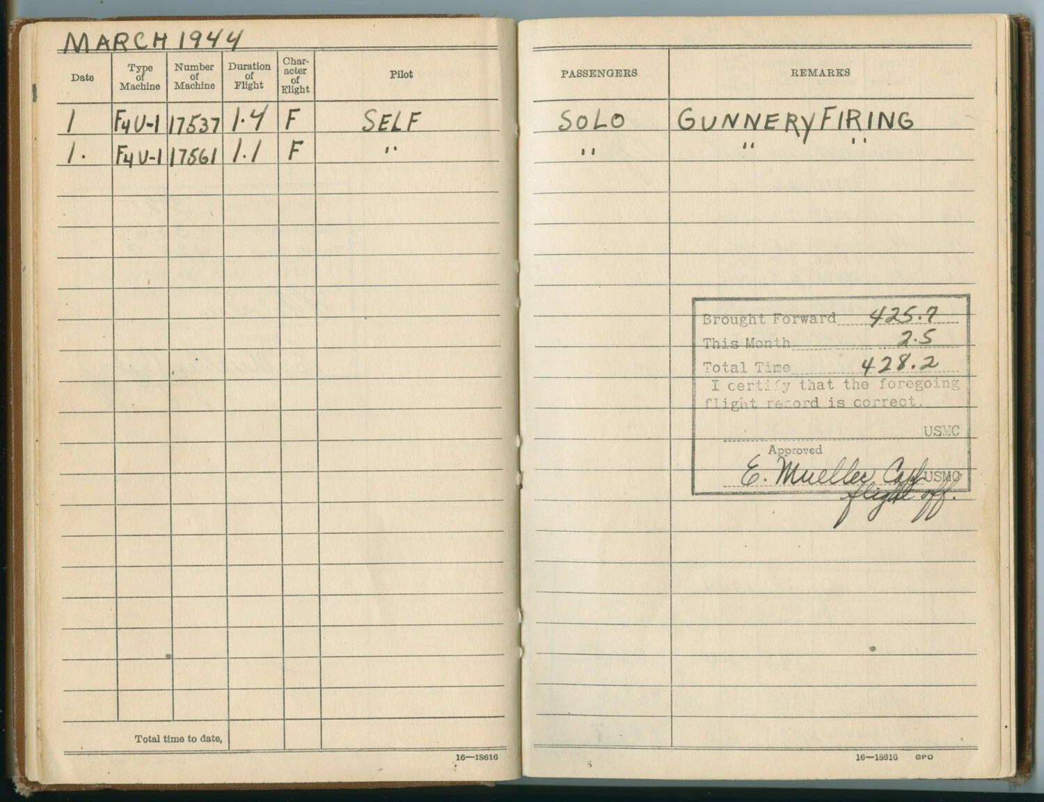 USMC Aviator's Flight Logbook, March 1944 — F4U-1 Corsair Gunnery Training Entries