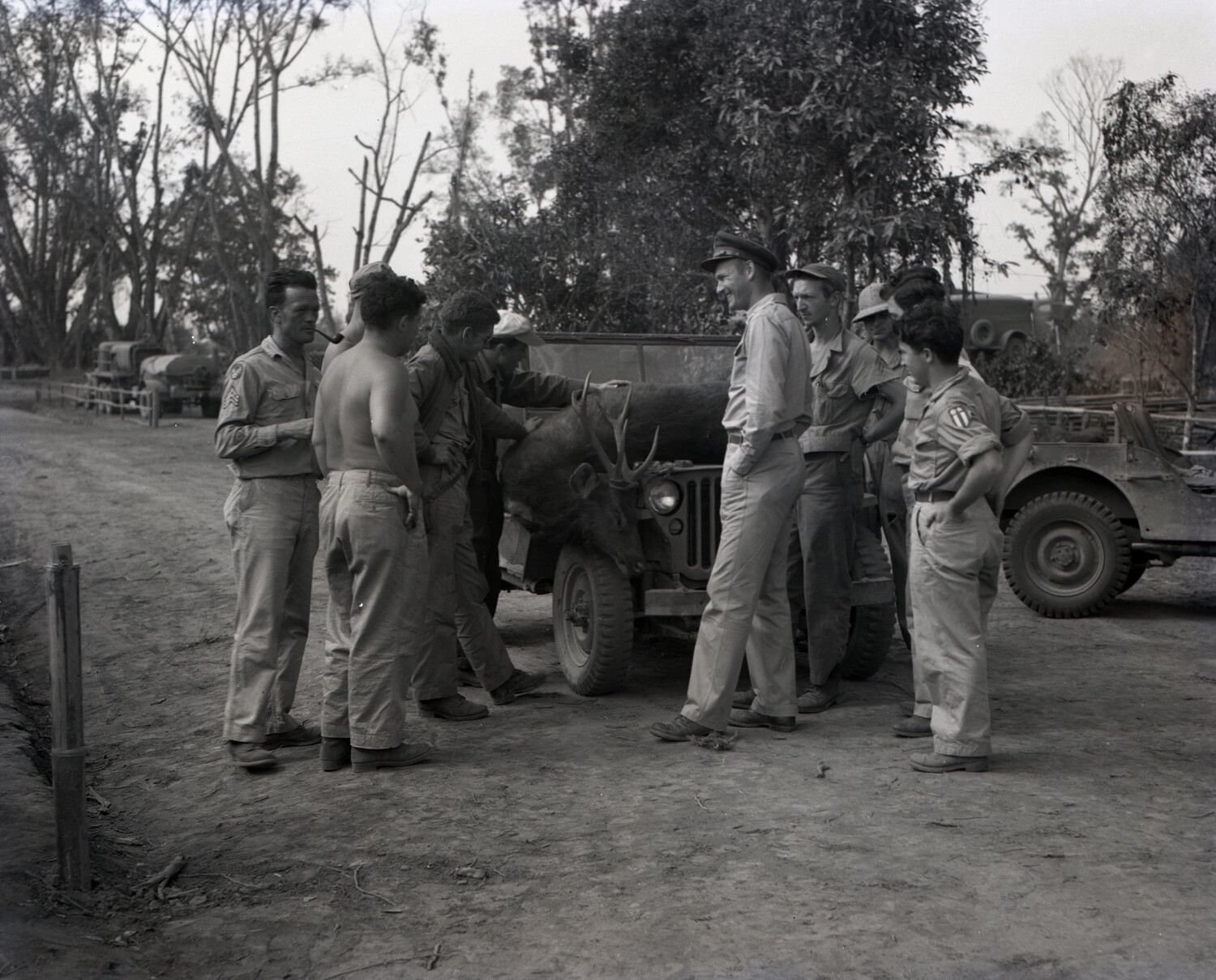 American Servicemen Pose with Hunted Deer on Jeep, China-Burma-India Theater, World War II