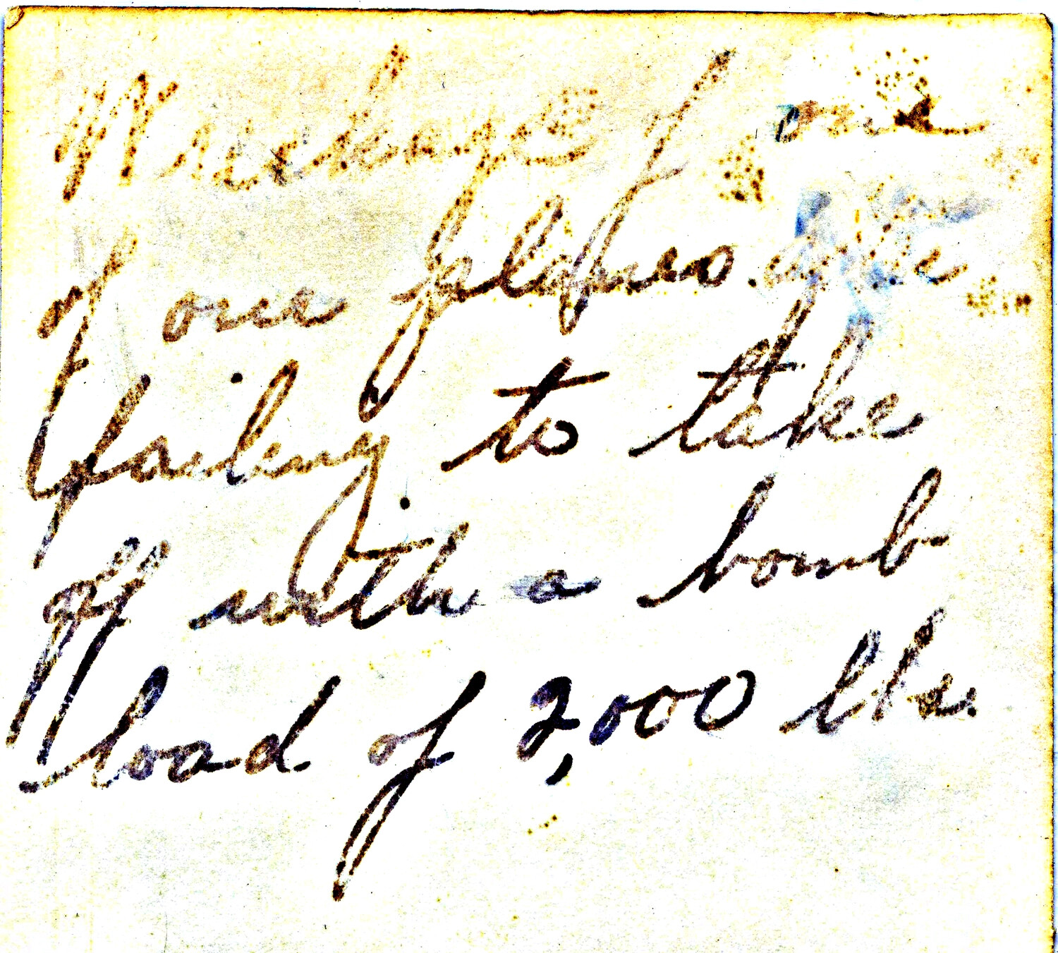 Handwritten Caption Card: 'Wreckage of One [Aircraft] ... Failing to Take Off With a Bomb Load of 2,000 lbs.'