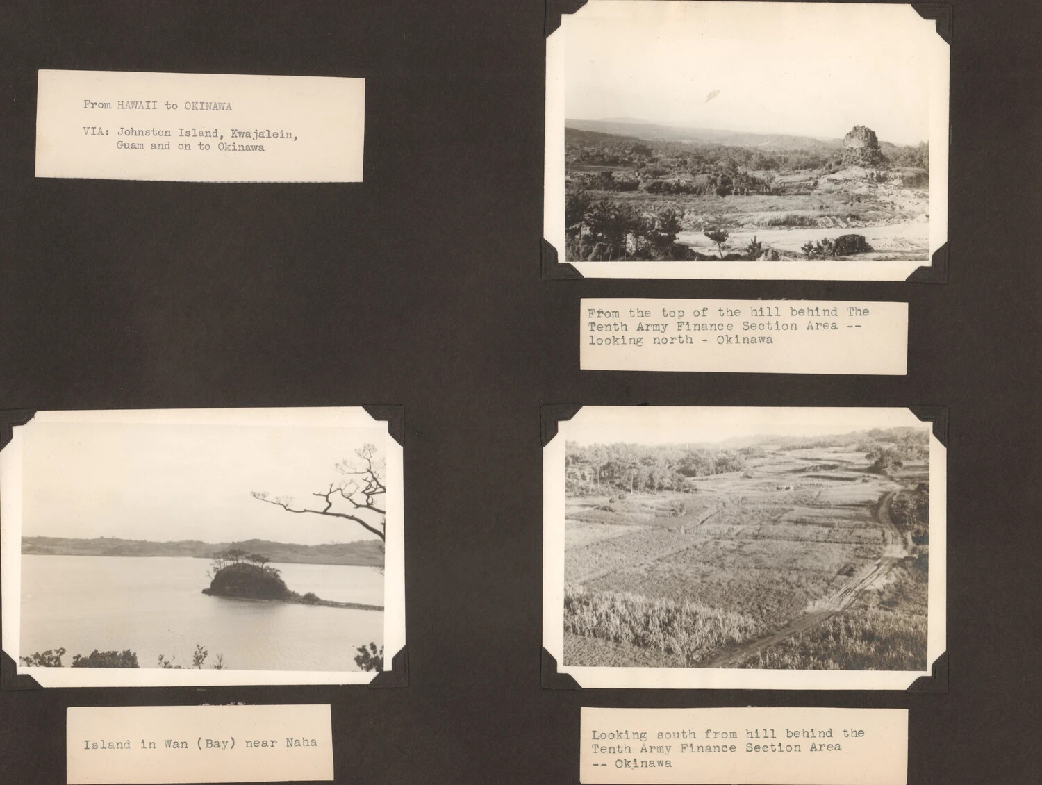 WWII Photo Album Page: Route from Hawaii to Okinawa and Views Near the Tenth Army Finance Section Area, Okinawa
