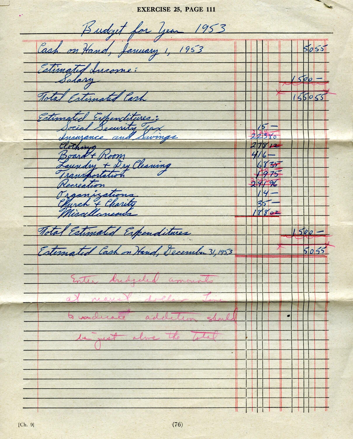Handwritten Personal Budget Worksheet, 'Exercise 25' - Lt. Bancroft Papers, 1953