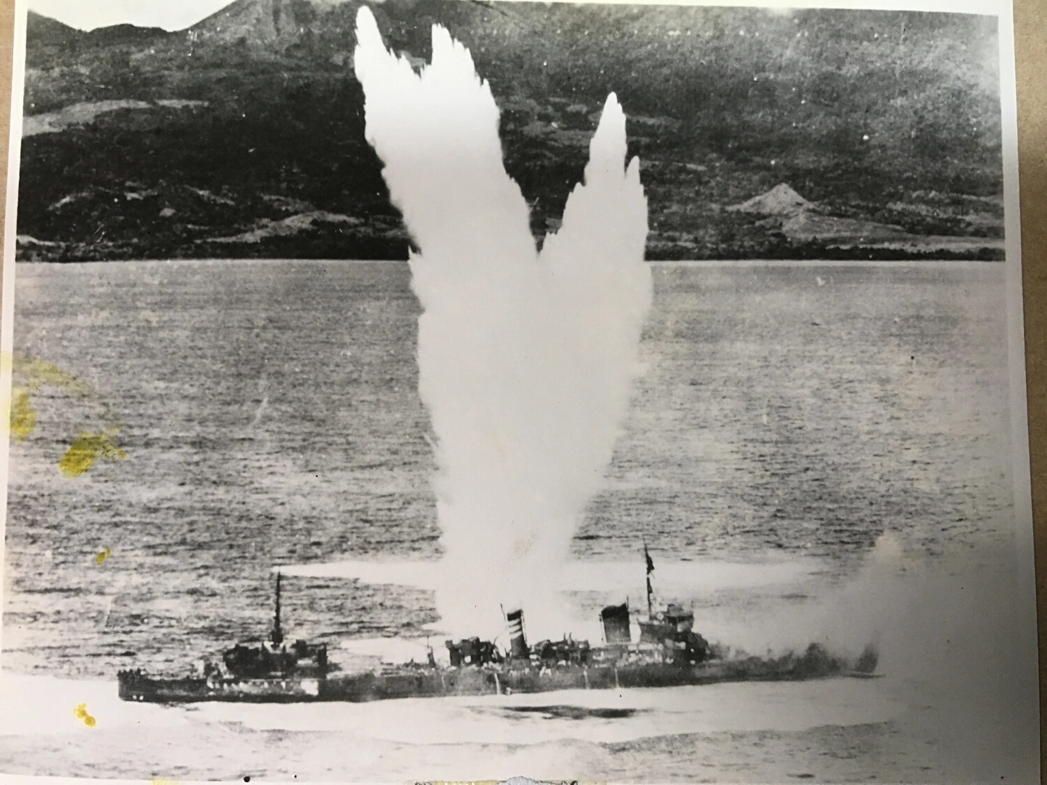 Near-Miss Bomb Splash Beside a Warship During a Pacific Theater Air Attack, 312th Bomb Group