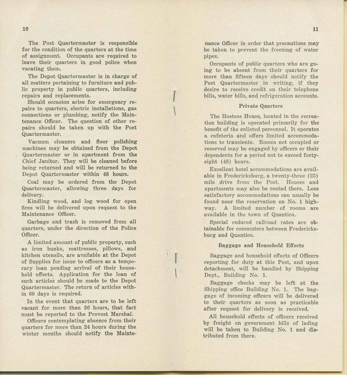 Printed Officer's Guide, Pages 10–11, Marine Corps Base Quantico Quarters & Housing Regulations (Pat McAleer Collection)