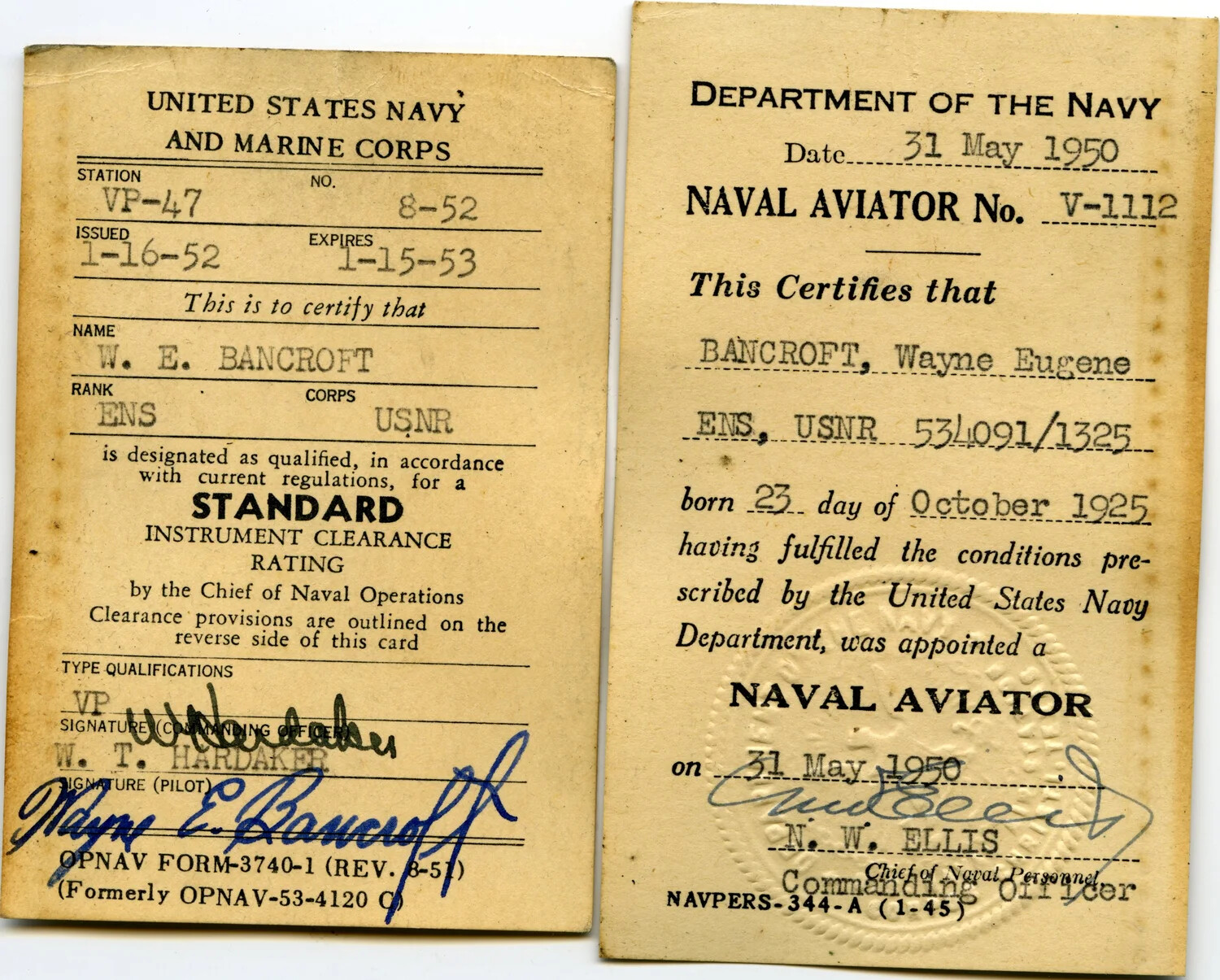 Naval Aviator Certificate and Instrument Clearance Card, Ensign Wayne E. Bancroft, USNR (1950-1952)