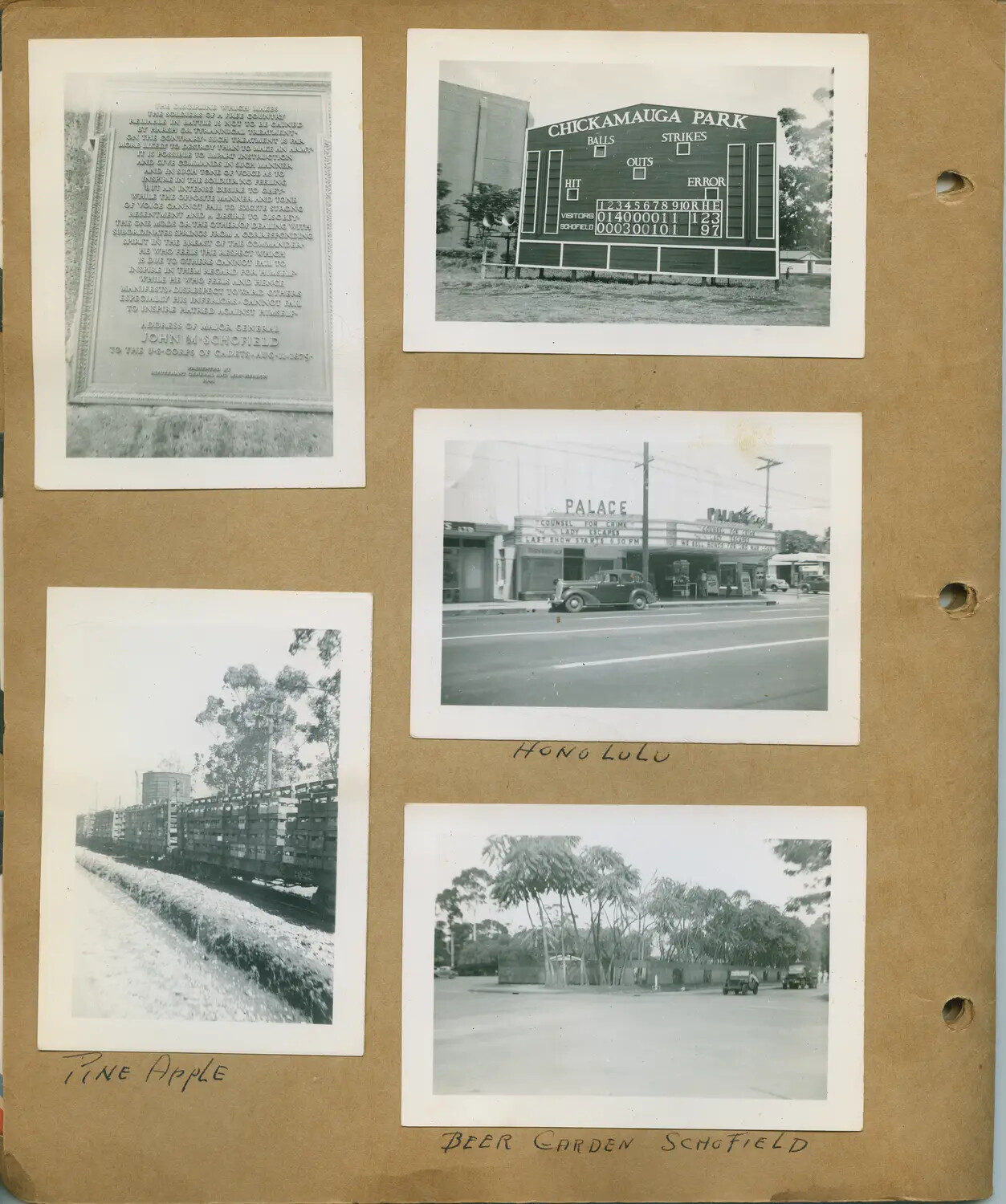 Album Page: Schofield Barracks Landmarks and Honolulu Scenes, Hawaii, WWII Era