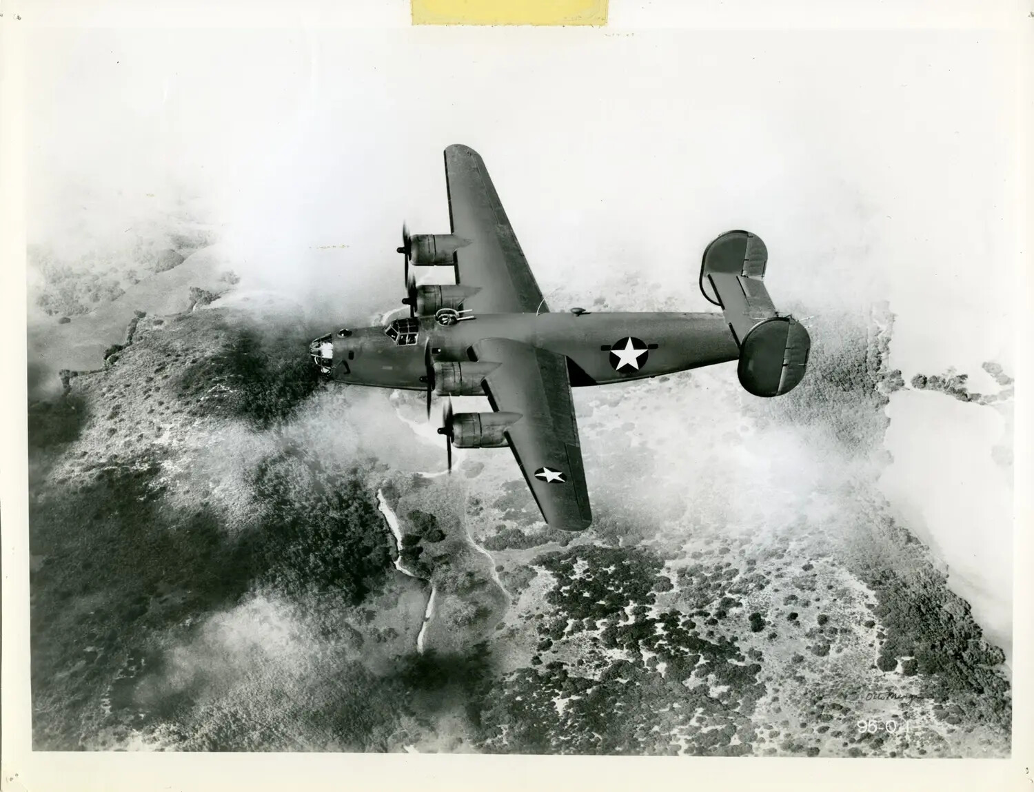 Consolidated B-24 Liberator in Flight Over Coastline, WWII Pacific Theater