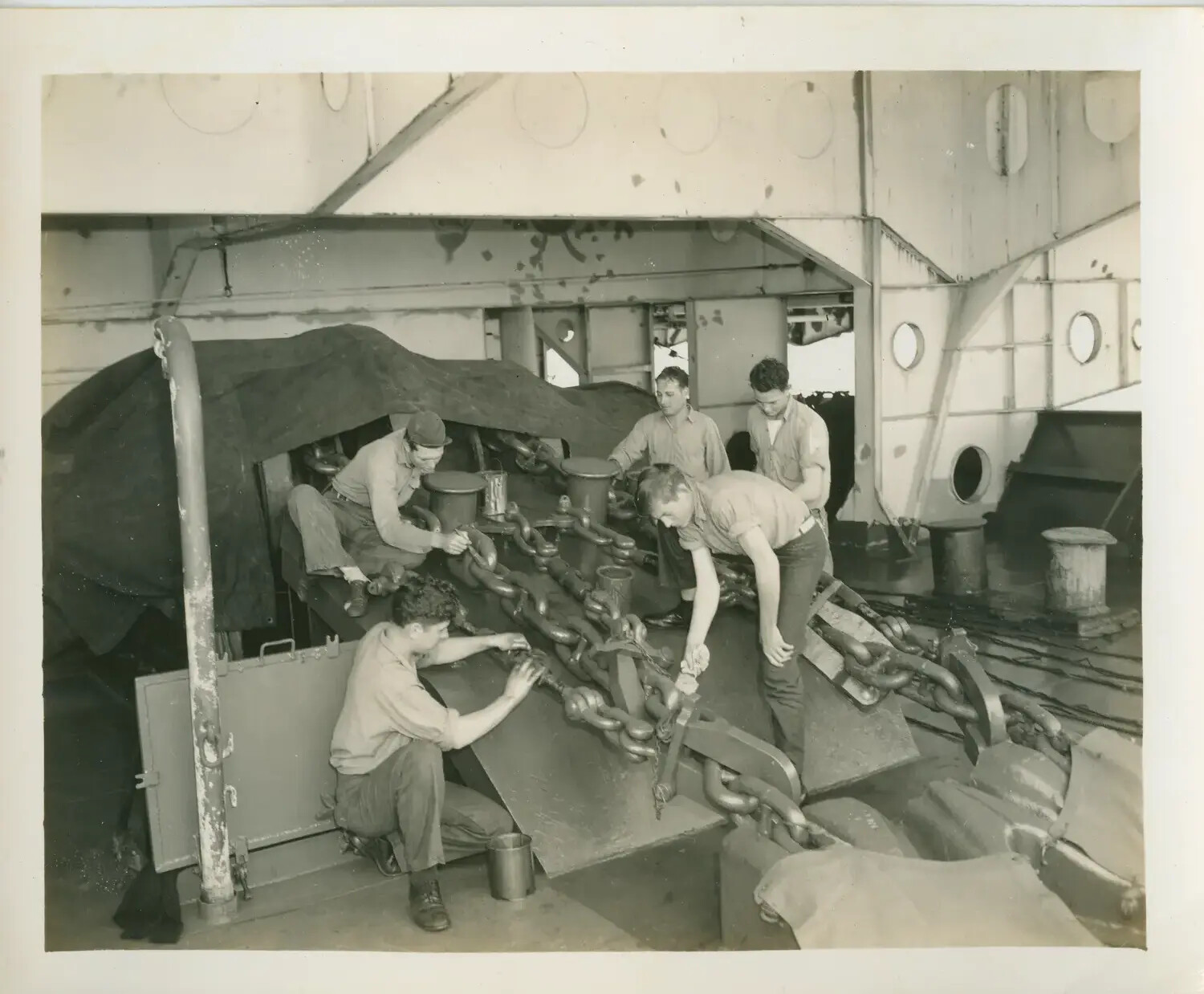 Sailors Servicing Anchor Chain Aboard USS Petrof Bay (CVE-80), WWII