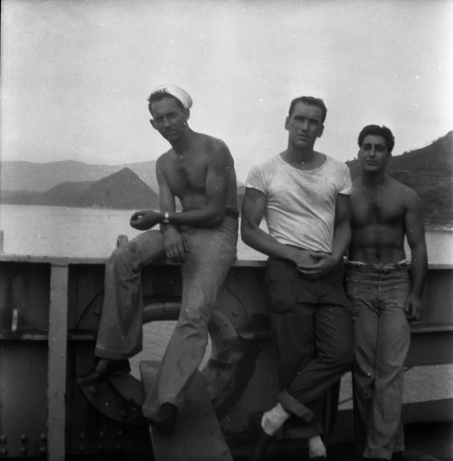 U.S. Navy Sailors Posing on Ship's Deck, Sasebo, Japan