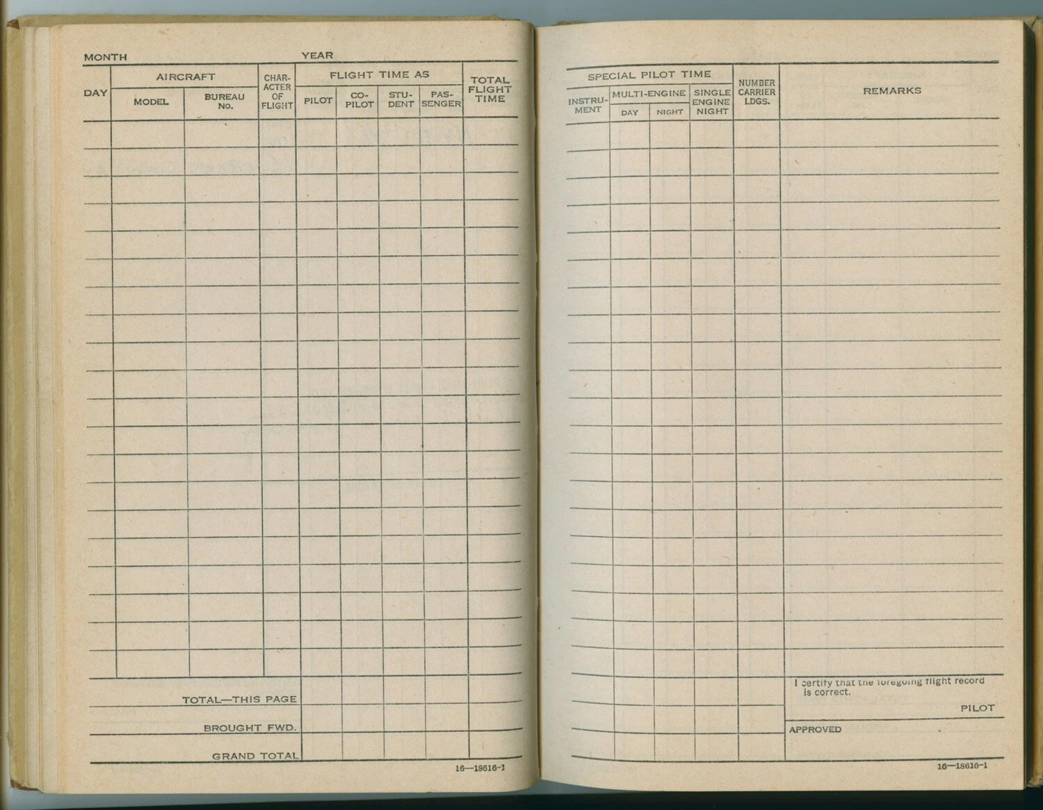 Blank Flight Logbook Pages, McAleer Personal Log (Oct 1948 - Jan 1952)