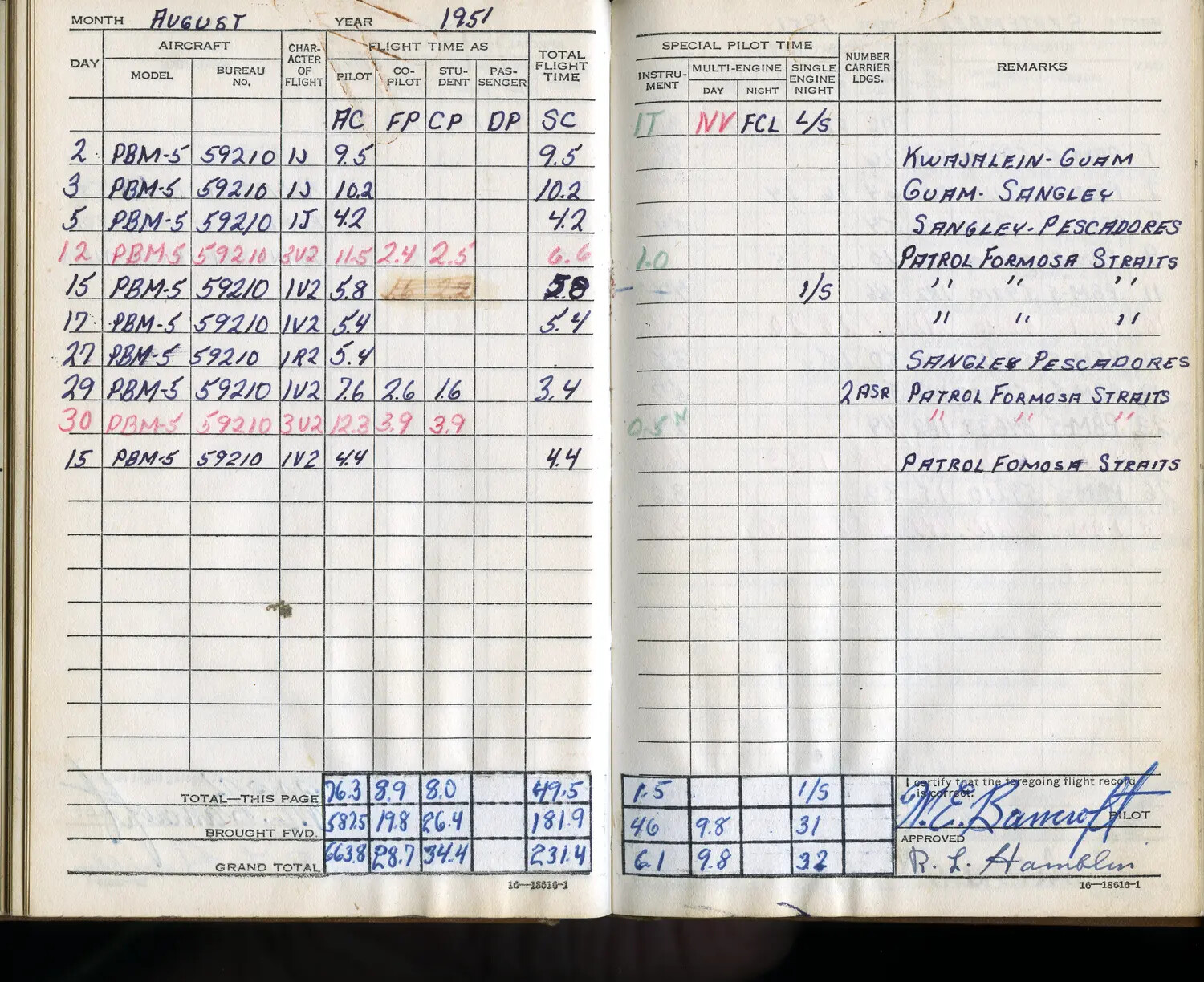 Lt. W. E. Bancroft's Flight Log Book, August 1951 - PBM-5 Mariner Formosa Strait Patrols